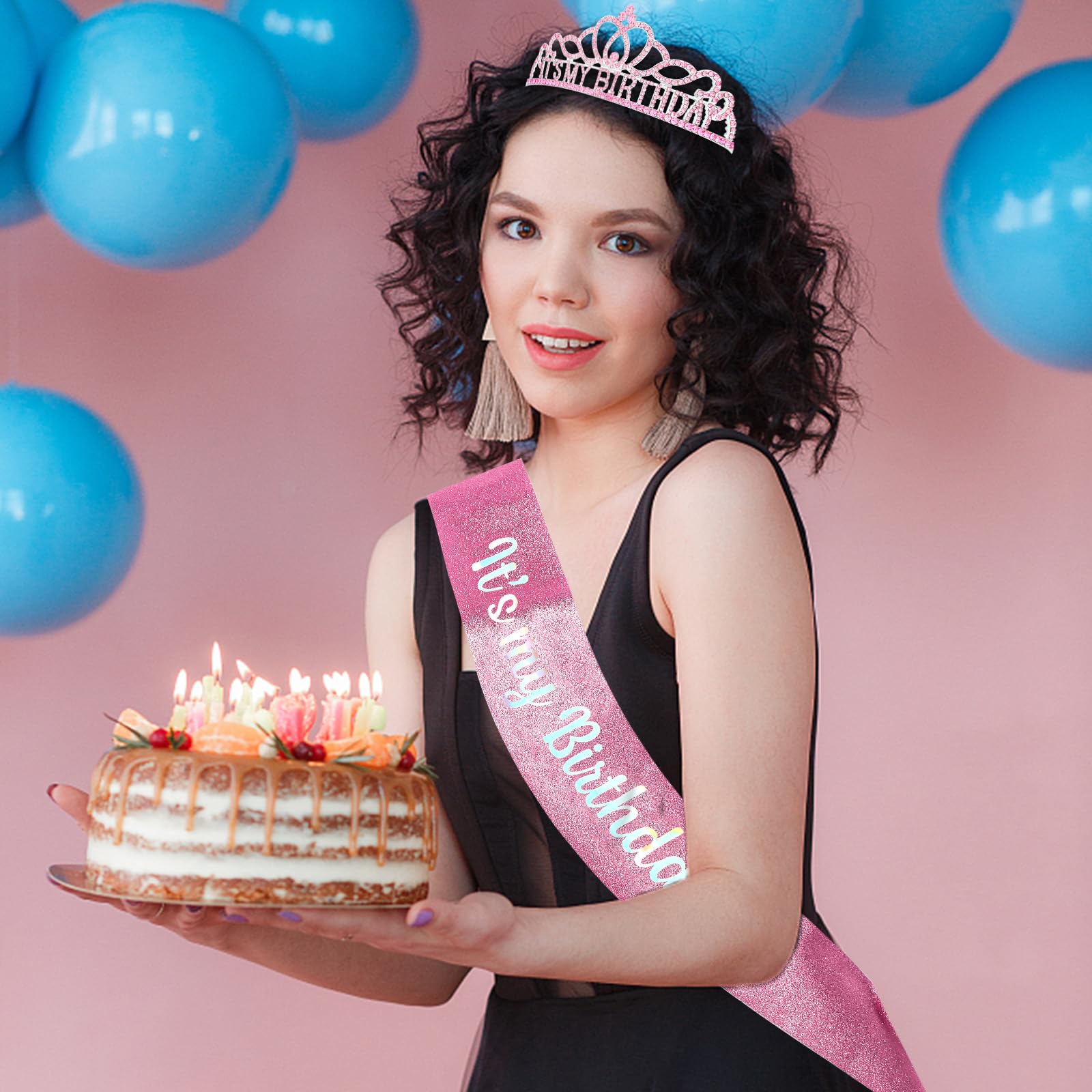 Birthday Crown for Women - Elegant Pink Headband, Sash & Tiara Set with Decorations - Perfect Birthday Girl Gift for Parties, Bachelorette & Special Celebrations