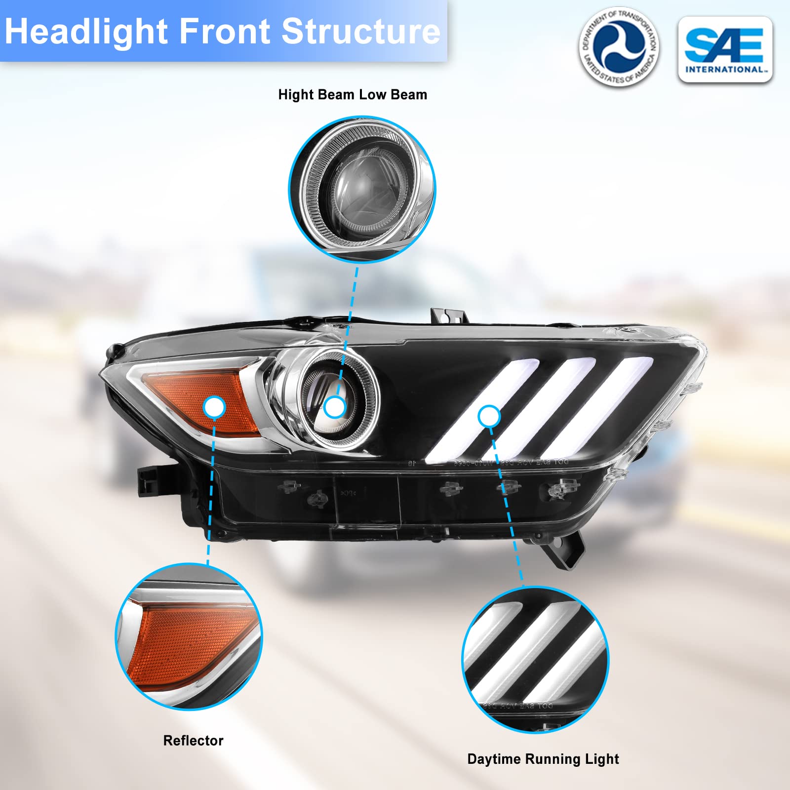 ROXX LED Headlight Assembly Compatible with 2015-2017 Ford Mustang - Full LED Projector DRL Headlights with High/Low Beam - Perfect for Night Driving & Car Upgrades