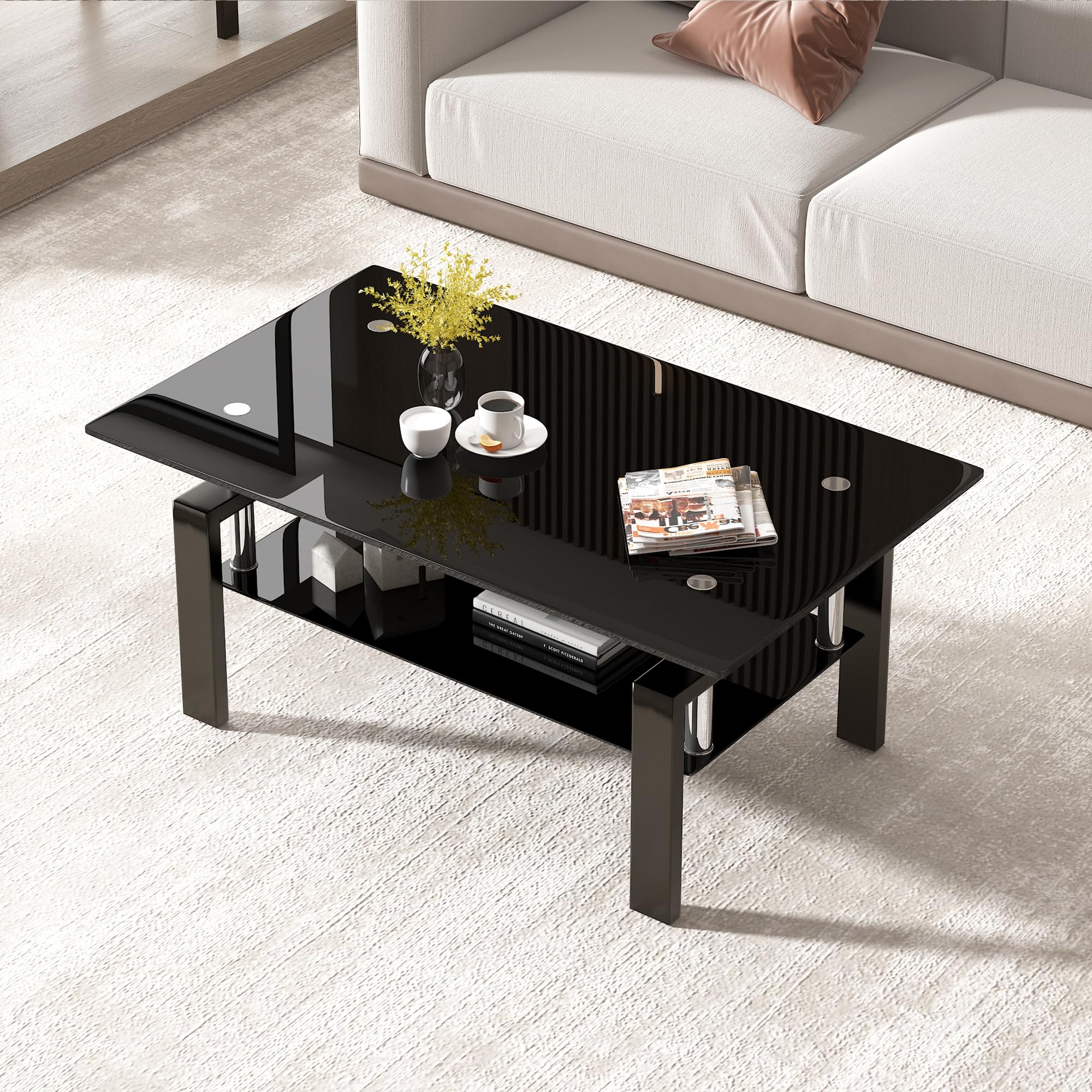 Modern Black Glass Coffee Table Set of 3 - Transparent Living Room Furniture with Waterfall Design - Includes Coffee Table & End Tables - Perfect for Small Spaces, Apartments & Contemporary Home Decor