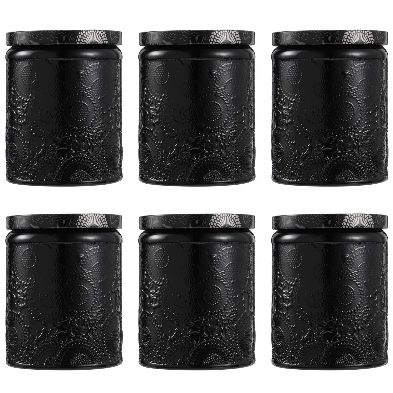 EXCEART 6-Piece Glass Candle Jars with Lids - Embossed Round Canning Storage Containers for Candle Making, Jam, Lotion & Party Favors - Retro Black Decor for Home, Kitchen & DIY Crafts