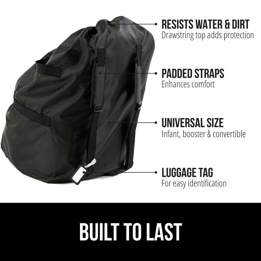 GORILLA GRIP Premium Padded Car Seat Travel Bag for Airplane - Waterproof Backpack Cover for Infant Carriers, Toddler Booster Seats & Baby Car Seats - Easy Carry Gate Check Bag for Airport Travel Essentials - Perfect for Family Vacations, Road Trips & Air Travel with Kids - Black