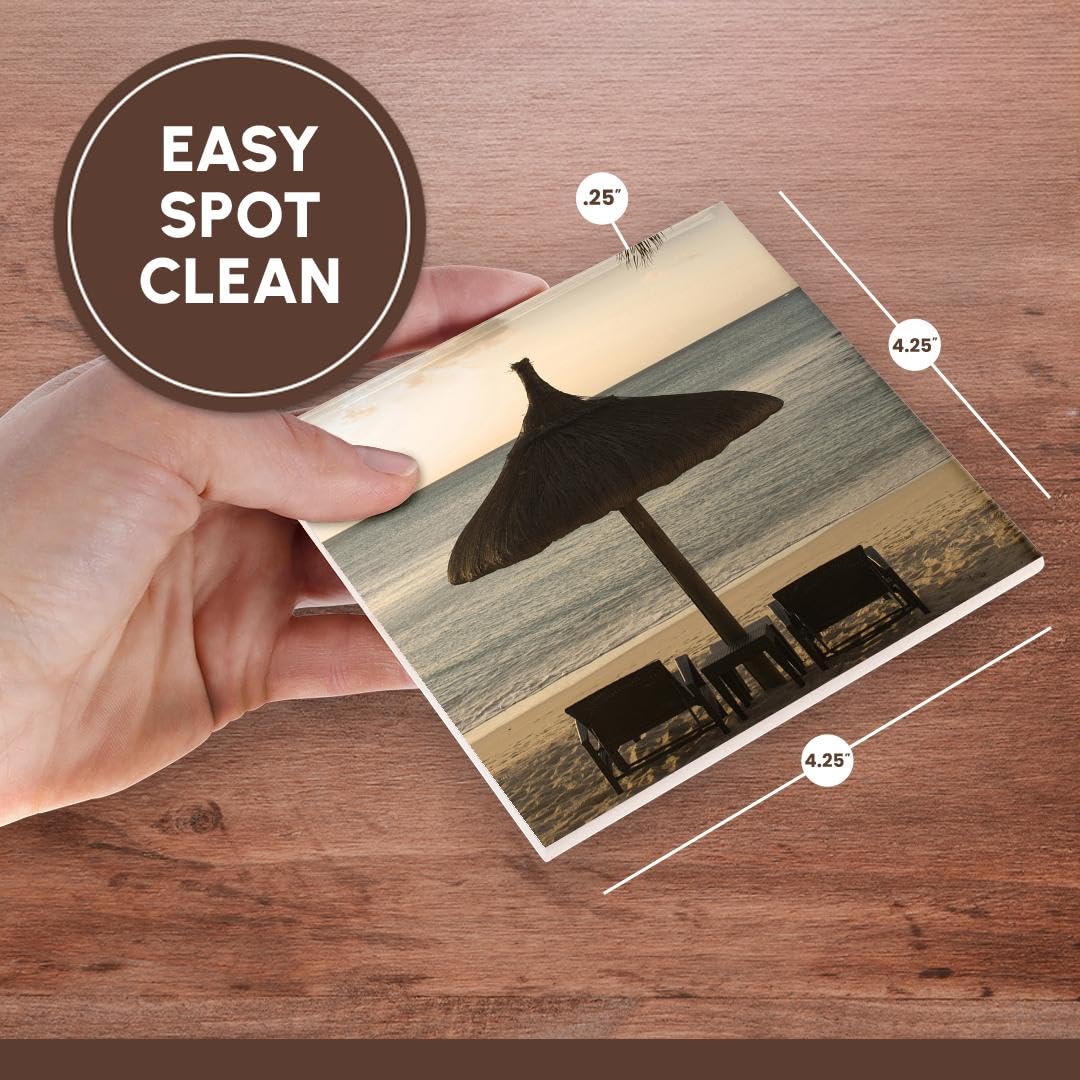 Peter Skinner Mauritius Beach Scene Ceramic Tile Coasters - Set of 4 with Umbrella, Chairs & Palm Fronds Design - Perfect for Home Decor, Coffee Table Protection & Gift Giving