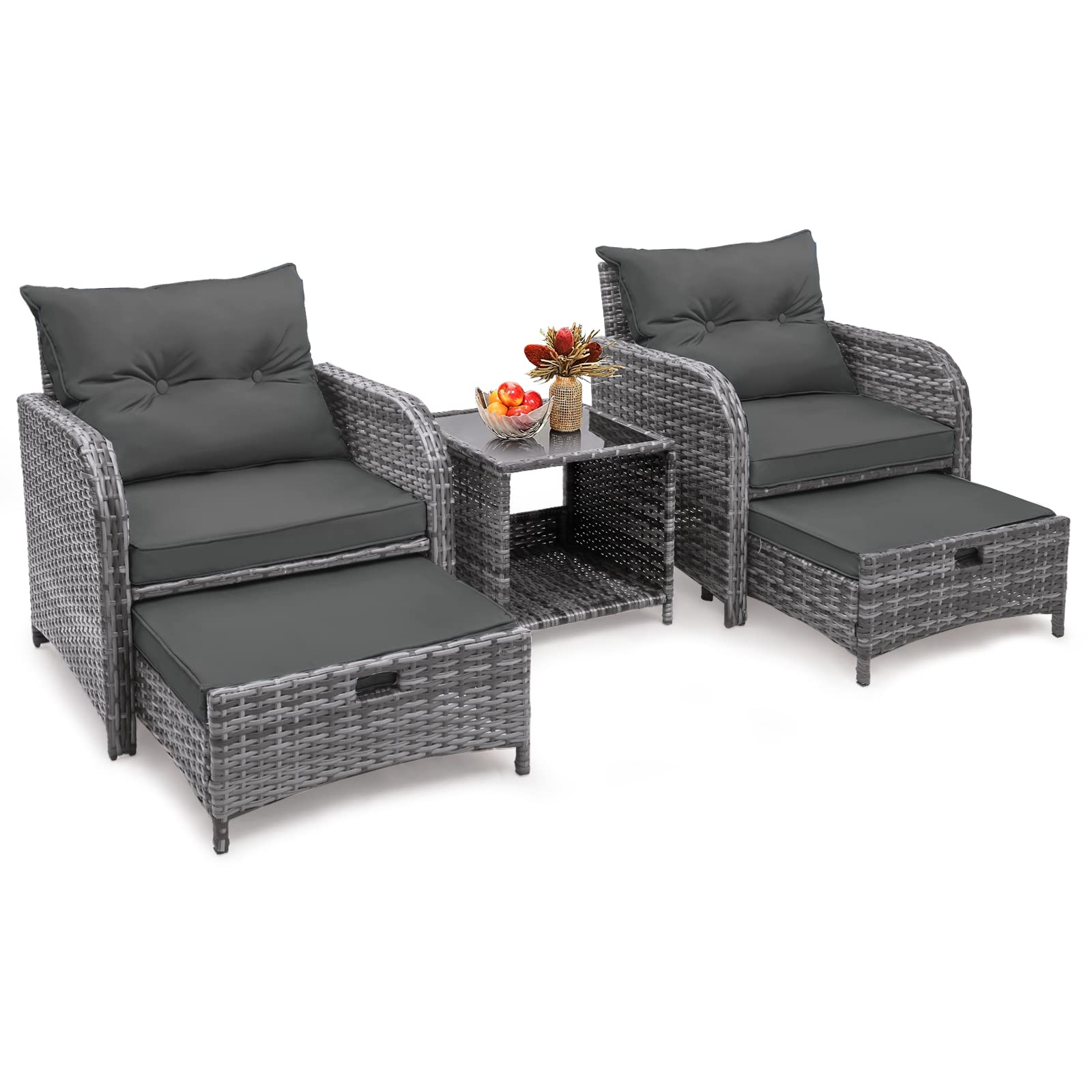 5-Piece Wicker Outdoor Patio Furniture Set with Ottoman - PE Rattan Garden Arm Chairs & Foot Rest for Poolside, Garden, Balcony - Grey - Perfect for Relaxing, Entertaining & Outdoor Lounging