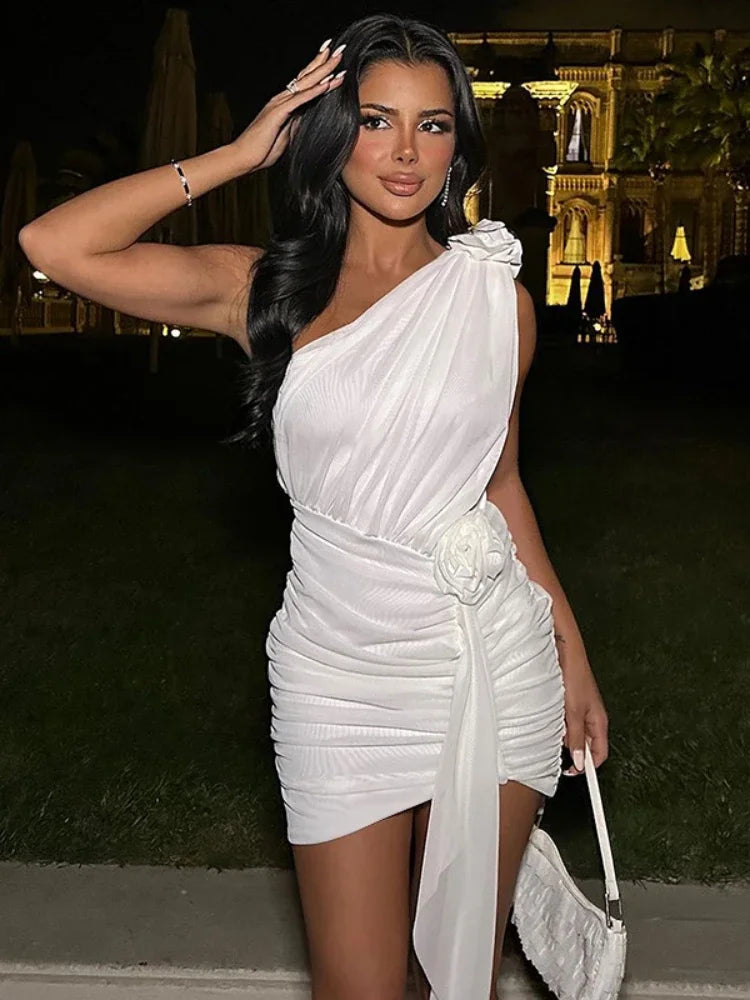 Elegant 3D Floral Applique One Shoulder Draped Mini Dress - Asymmetrical White Party Dress for Women | Perfect for Evening Events, Cocktail Parties & Special Occasions