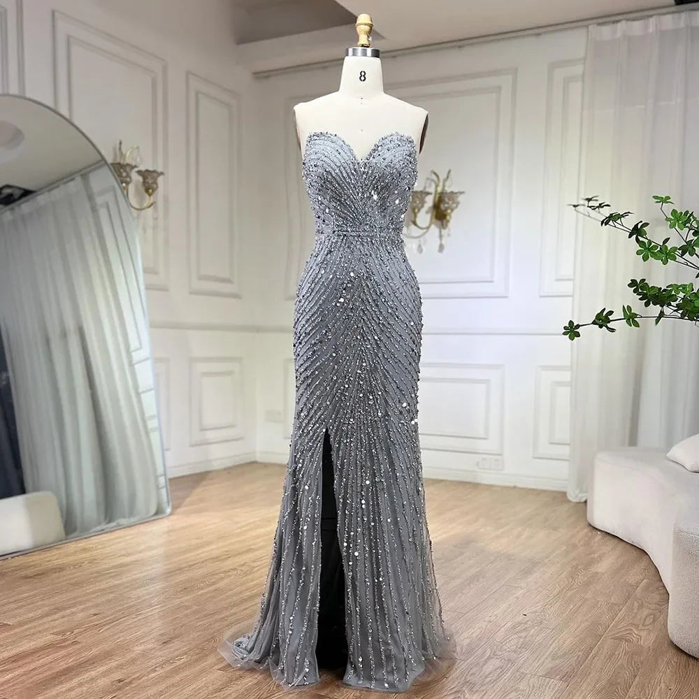 Elegant Green Mermaid Evening Dress with Feather Beading & High Slit - Women's Spaghetti Strap Gown for Prom, Party & Special Occasions