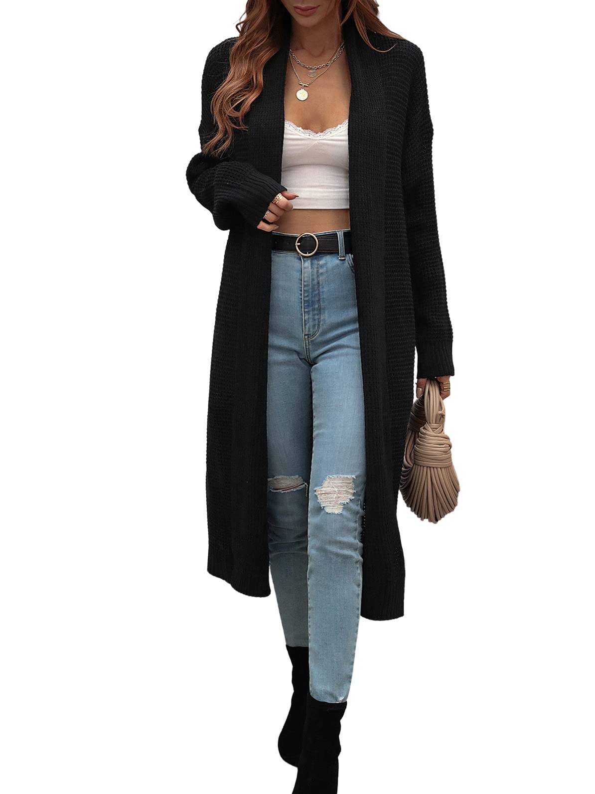 CHARTOU Women's Lightweight Long Waffle Knit Shawl Collar Open Front Duster Cardigan Sweater - Cozy Fall & Winter Layering Piece for Office, Travel and Casual Outfits