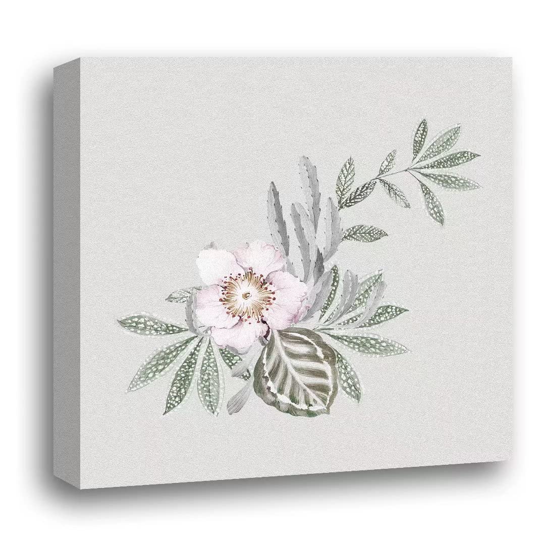 Modern Botanical Flower Canvas Wall Art - Framed 14x14 Inch Ready to Hang Bathroom Decor, Kitchen & Bedroom Wall Decoration - Perfect for Home, Office & Gift Giving Scenes