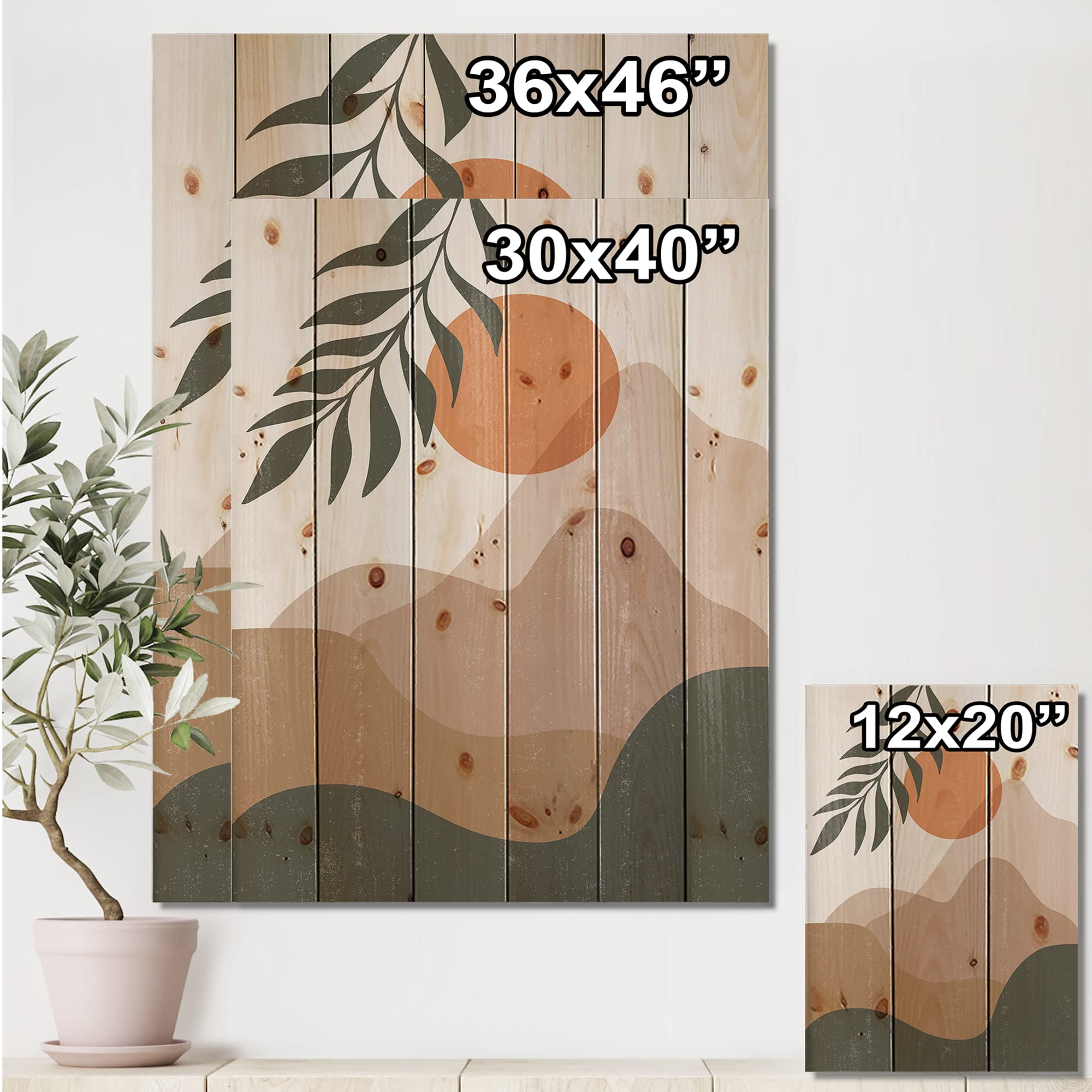 Abstract Red Moon in Earth Toned Mountains Wood Wall Art - Modern Contemporary Pine Wood Decor, Large Floral Wood Panel for Living Room, Bedroom & Office Wall Decoration