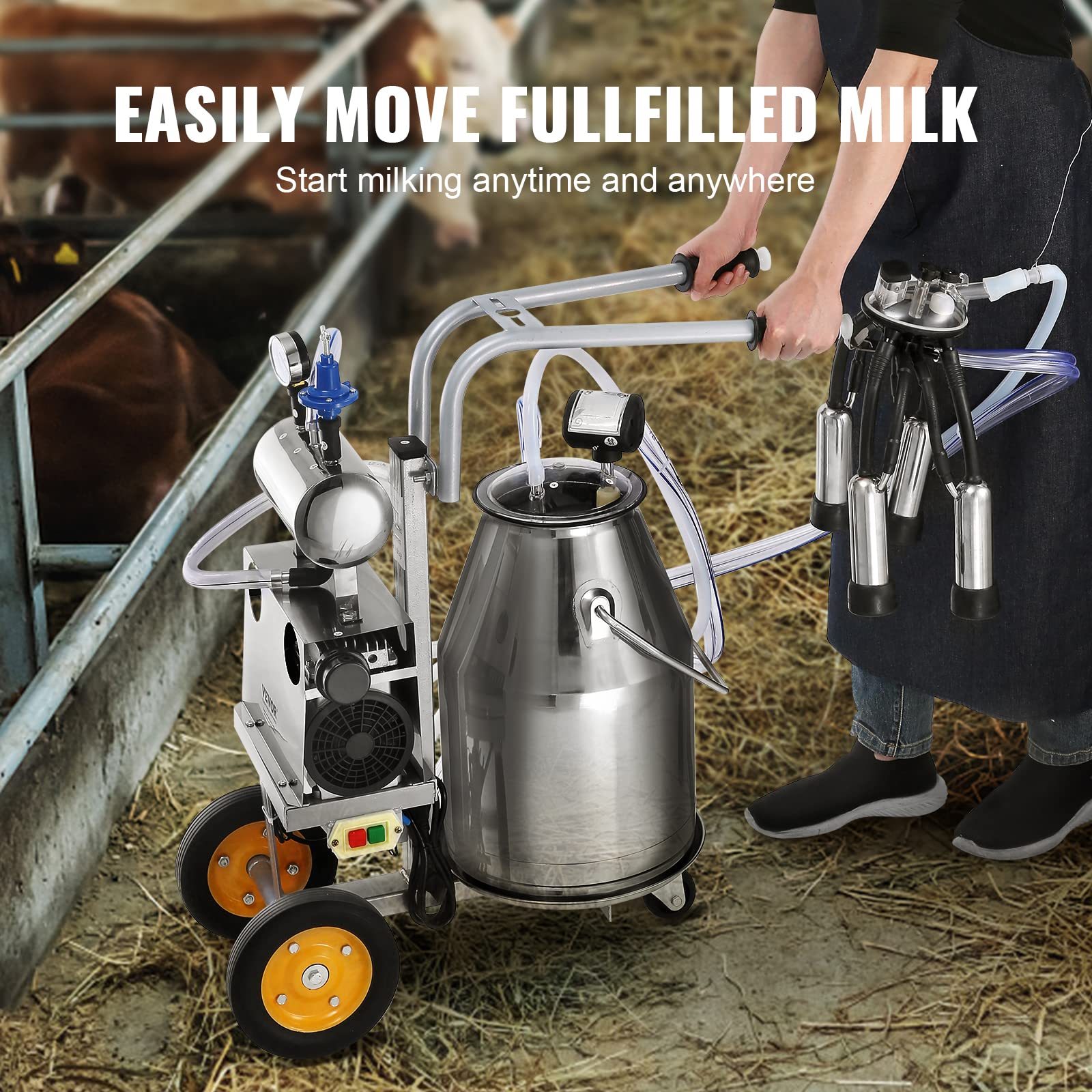 VEVOR Electric Cow Milking Machine - 6.6 Gal/25L 304 Stainless Steel Bucket with Automatic Pulsation Vacuum System | Portable Dairy Milker with Food-Grade Silicone Cups & Tubes | Adjustable Pressure for Small Farms & Homesteads | Perfect for Goats, Sheep & Cattle Milking