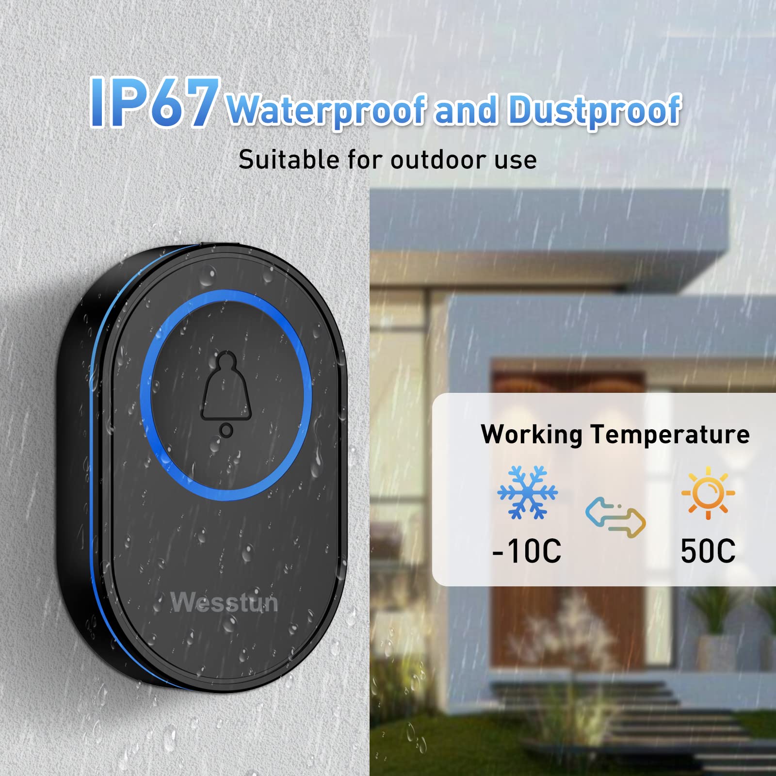 Wireless Doorbell with 39 Chimes - IP67 Waterproof, 5-Level Volume Adjustable & LED Indicator - Easy Installation for Home, Classroom, Warehouse (Black) | Perfect for Front Door, Office, and Large Spaces