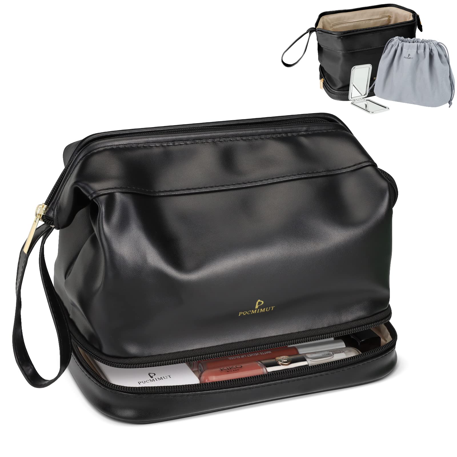 Pocmimut Leather Makeup Bag for Women - 2-in-1 Portable Travel Cosmetic Organizer with Mirror & Double Layer Brush Storage (Elegant Black) | Perfect for Travel, Daily Use & Gift Giving