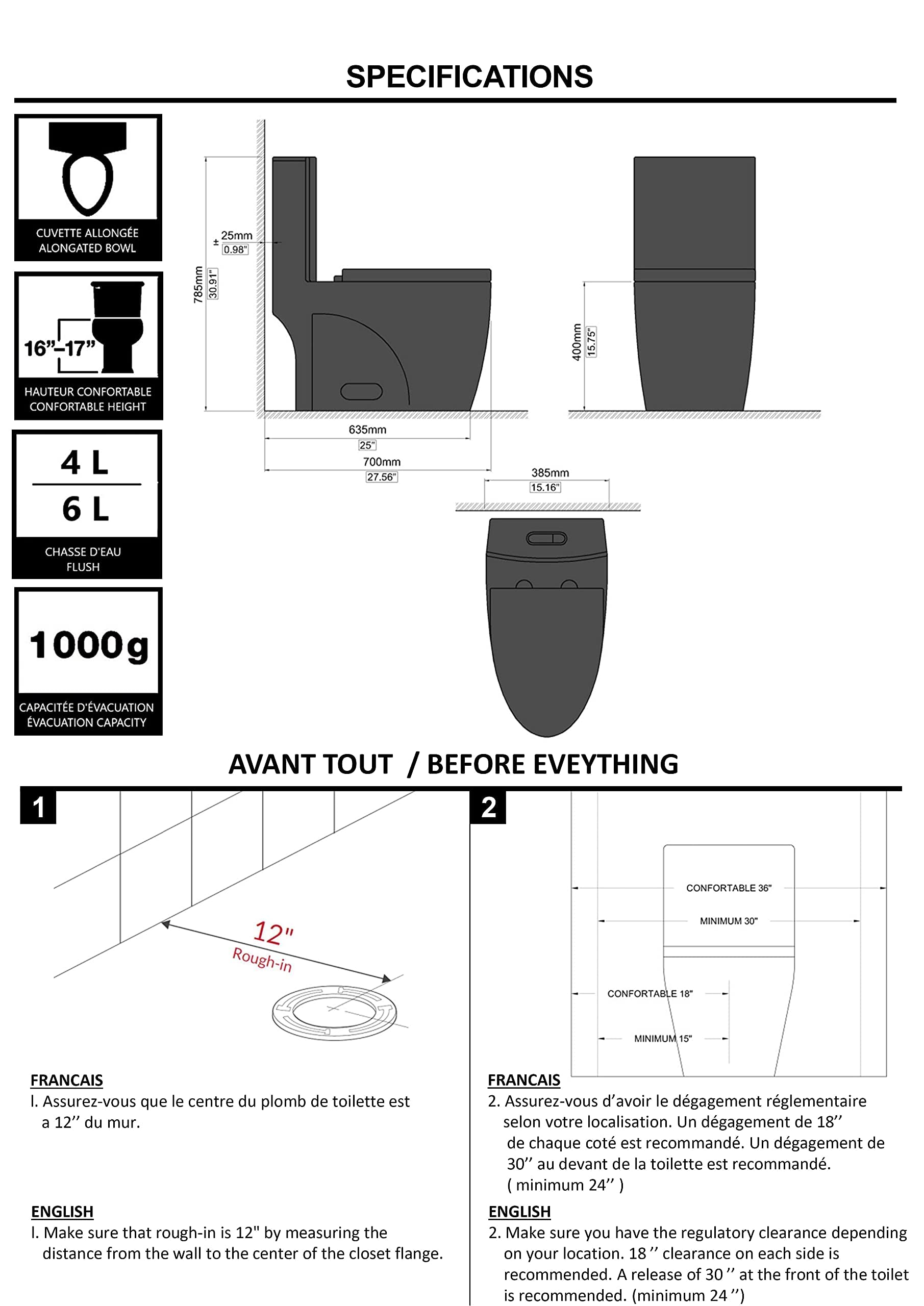 Agua Canada One Piece Elongated Dual Flush Toilet 4L/6L - 1000g Waste Capacity - Water Efficient Modern Bathroom Solution for Homes & Commercial Spaces