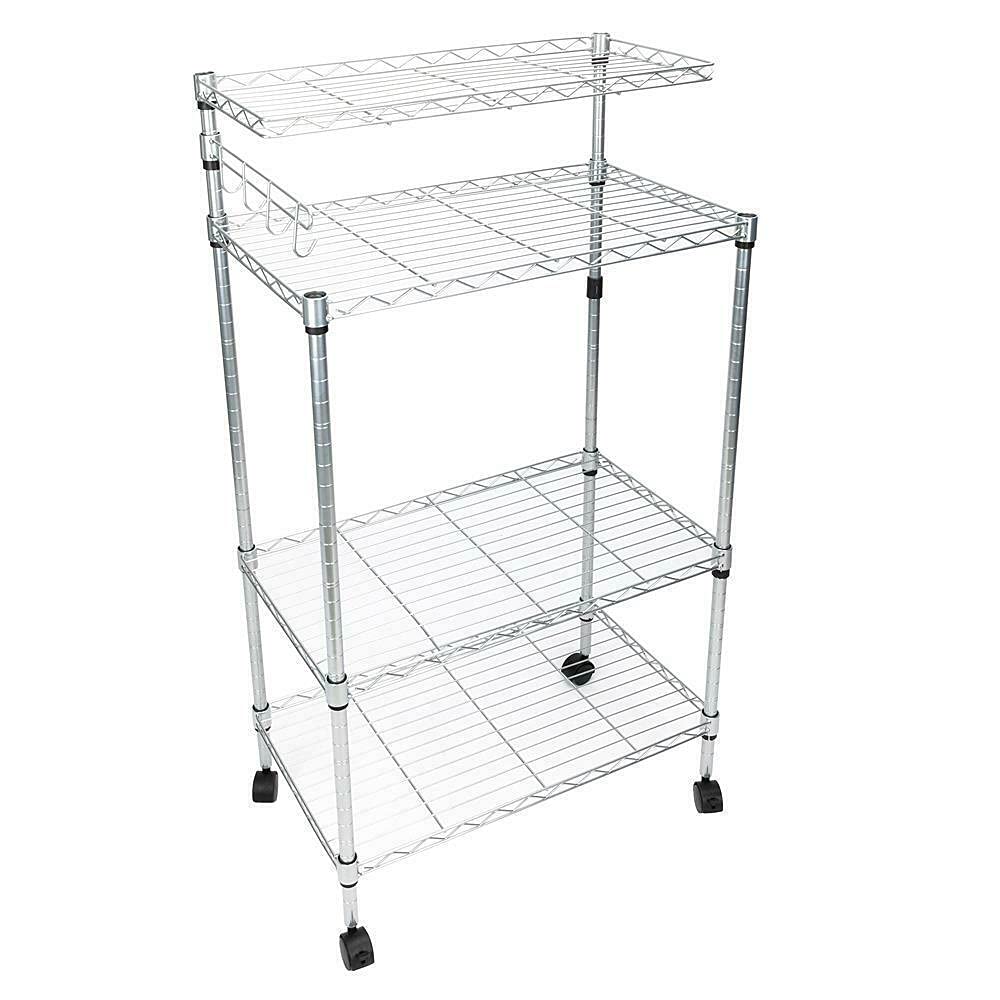 4-Tier Bakers Rack with Wheels - Heavy Duty Rolling Storage Shelf for Kitchen, Microwave Stand with Hanging Hooks - Perfect for Pantry Organization, Shoe Storage & Closet Organizers - Ideal for Small Spaces & Home Organization