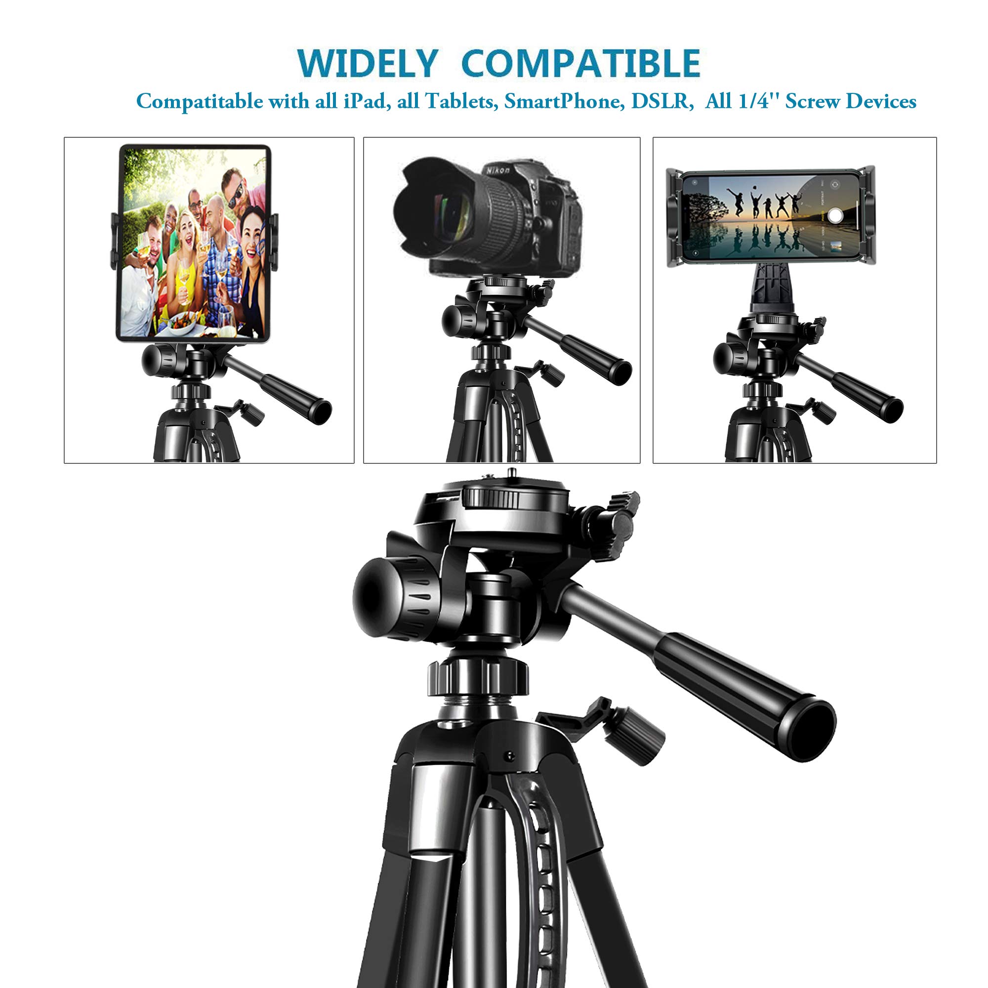 Heavy Duty 60-inch Adjustable Tripod Stand for iPad, iPhone, Tablet (3.5-13.5 inch) - Compatible with iPad Pro/Air/Mini 12.9/11, DSLR Cameras - Includes Remote for Video Calls, Zoom Meetings & Photography