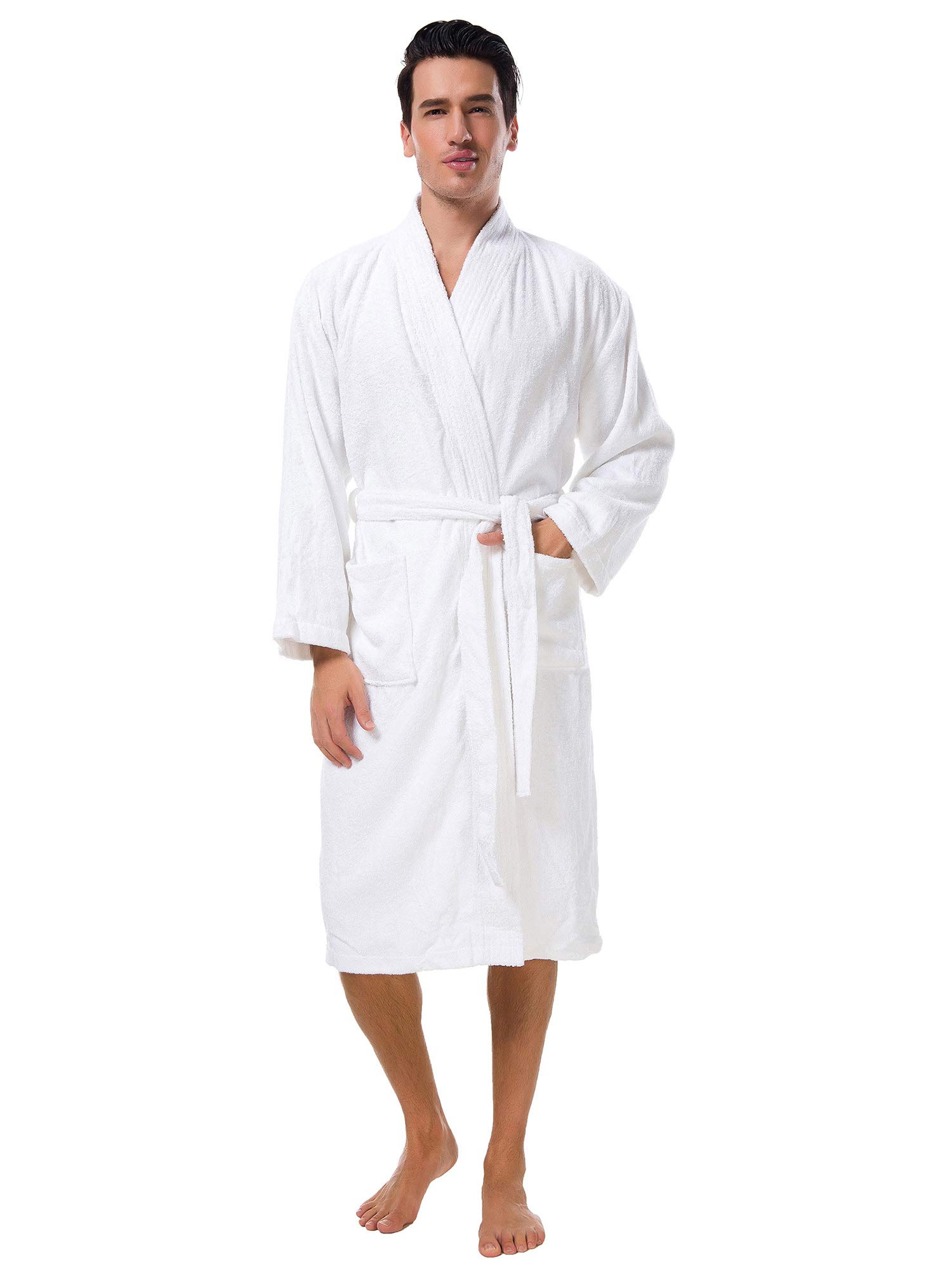 SIORO Men's Terry Cloth Kimono Bathrobe - Soft Cotton Shower Robe with Calf Length Design for Spa, Hotel & Hot Tub | Cozy Housecoat for Relaxation at Home, Poolside Lounging & Post-Shower Comfort