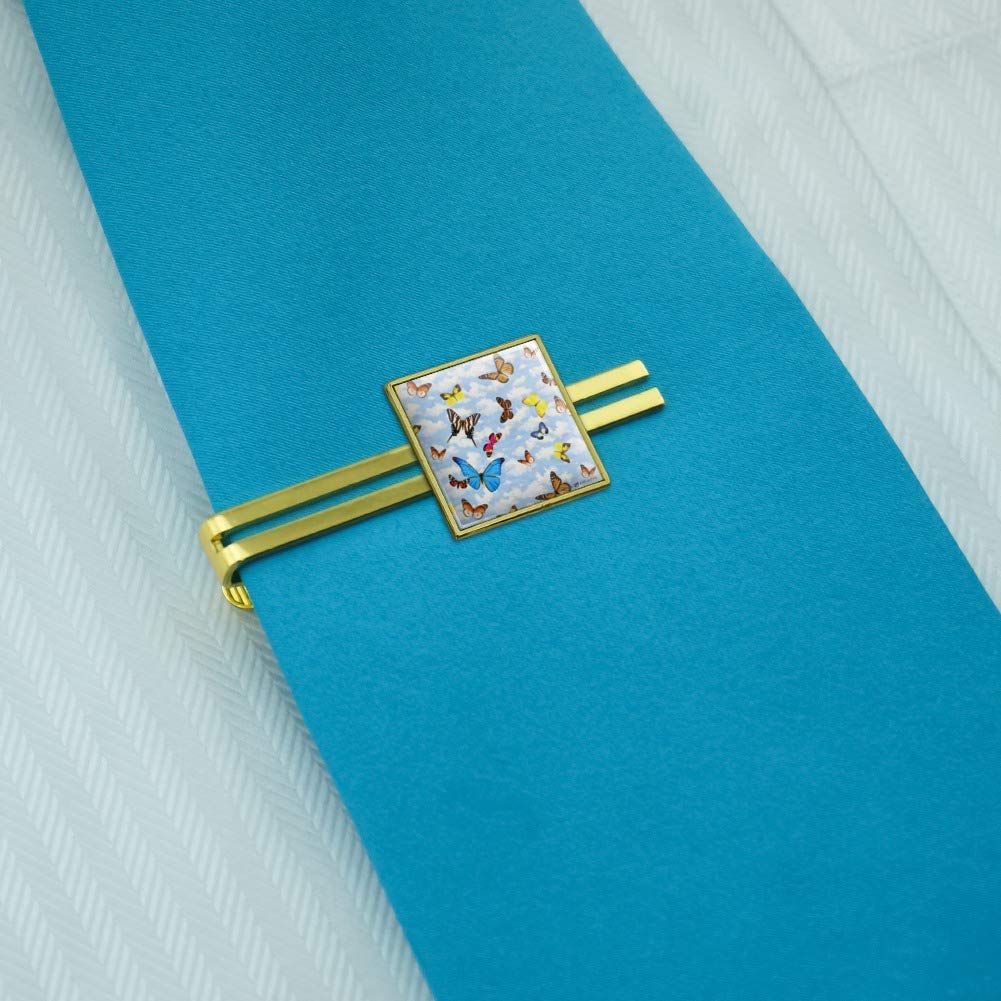 Butterfly in Blue Sky Pattern Square Tie Bar Clip - Silver or Gold for Men's Formal Wear & Wedding Accessories