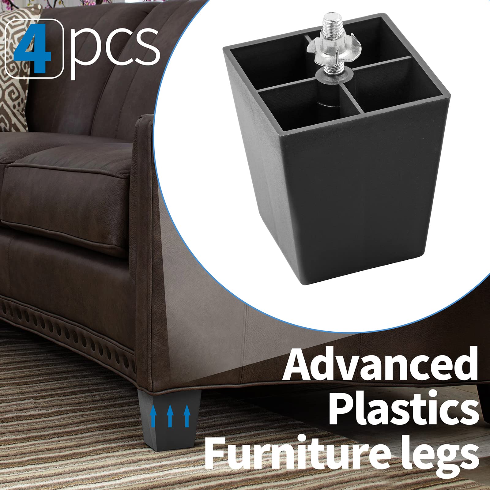 3 Inch Black Square Plastic Furniture Legs - Set of 4 M8 Replacement Feet for Sofa, Couch, Armchair, Bed, Cabinet & Desk | Mid Century Modern Style | Perfect for Living Room, Bedroom & Office Furniture Upgrade