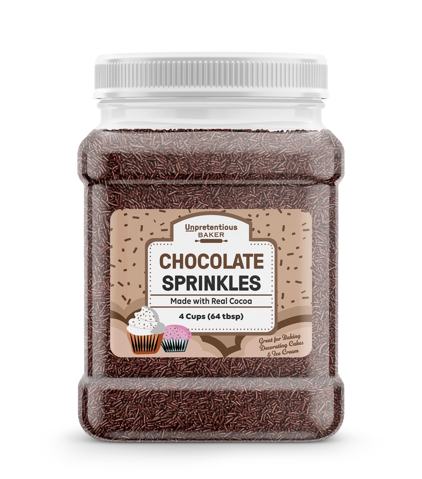 Premium Chocolate Sprinkles 4 Cups - Real Cocoa Dessert Topping for Cakes, Cupcakes, Ice Cream & Baking Decorations
