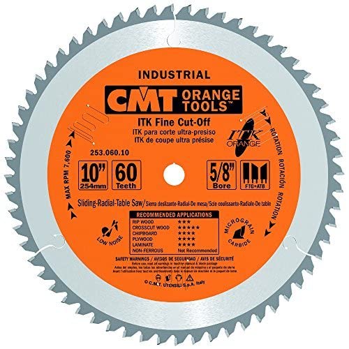 CMT 253.060.10 ITK 10-Inch 60-Tooth Sliding Compound Miter Saw Blade with Industrial Finish, 1FTG+2ATB Grind, 5/8-Inch Bore for Precision Woodworking and DIY Projects