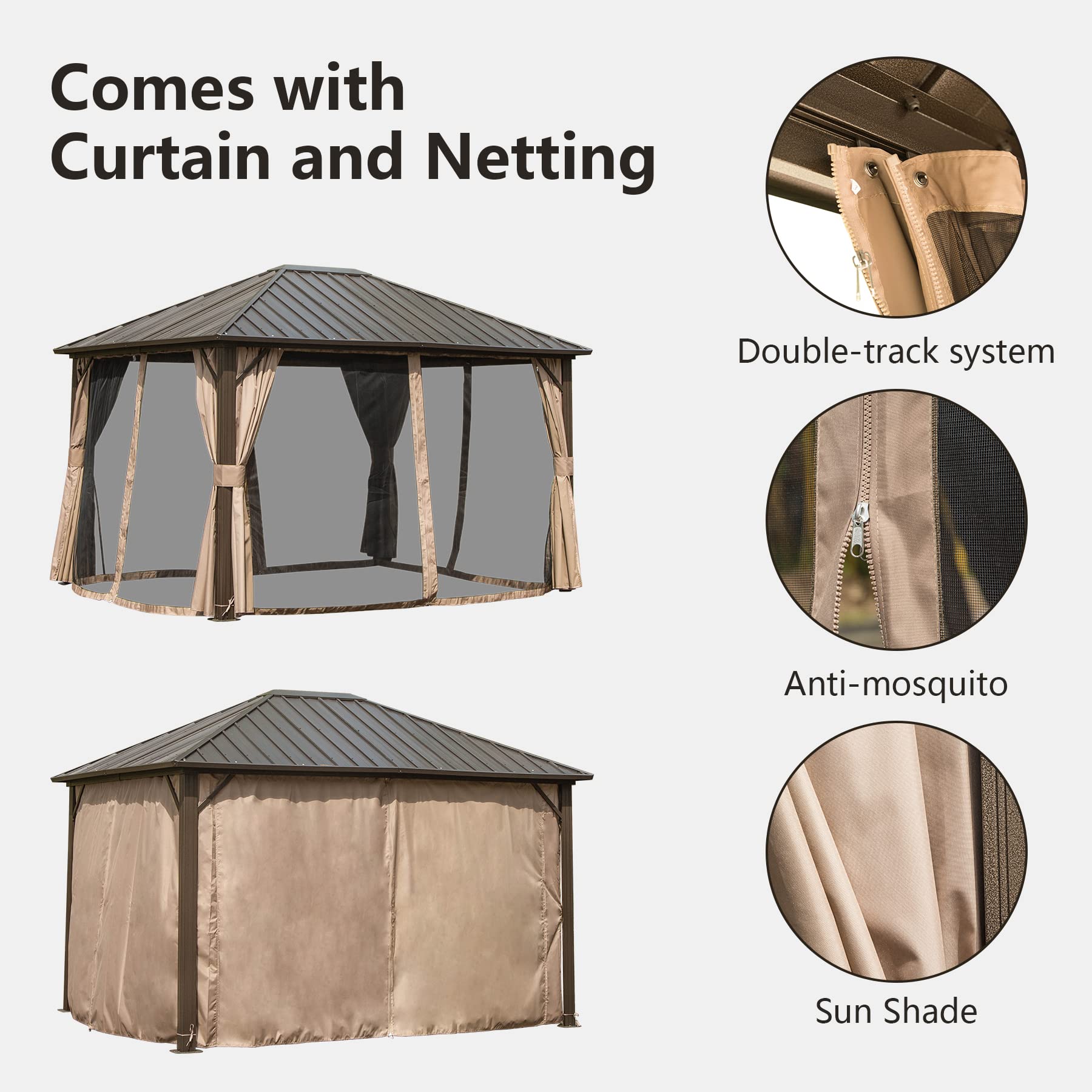 10' x 12' Domi Hardtop Gazebo - Galvanized Steel Roof & Aluminum Frame Permanent Outdoor Pavilion with Netting & Curtains - Perfect for Garden, Patio, Lawn Parties & Backyard Relaxation (Dark Brown)