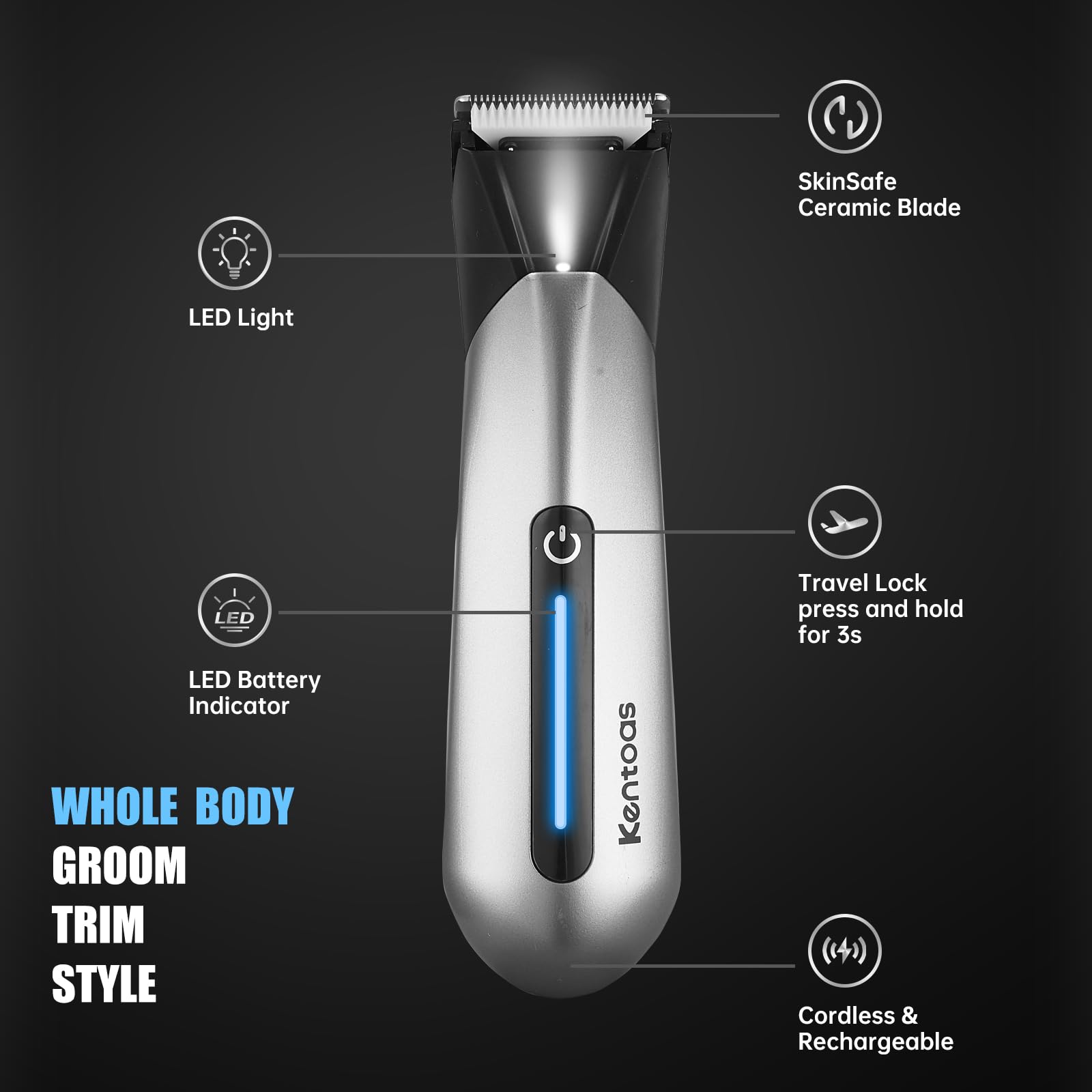 Men's Electric Body Hair Trimmer - 6-in-1 Ceramic Blade Ball & Groin Groomer, Waterproof USB Rechargeable Pubic Shaver with LED Light, No Nicks or Irritation - Perfect for Travel, Gym & Home Grooming