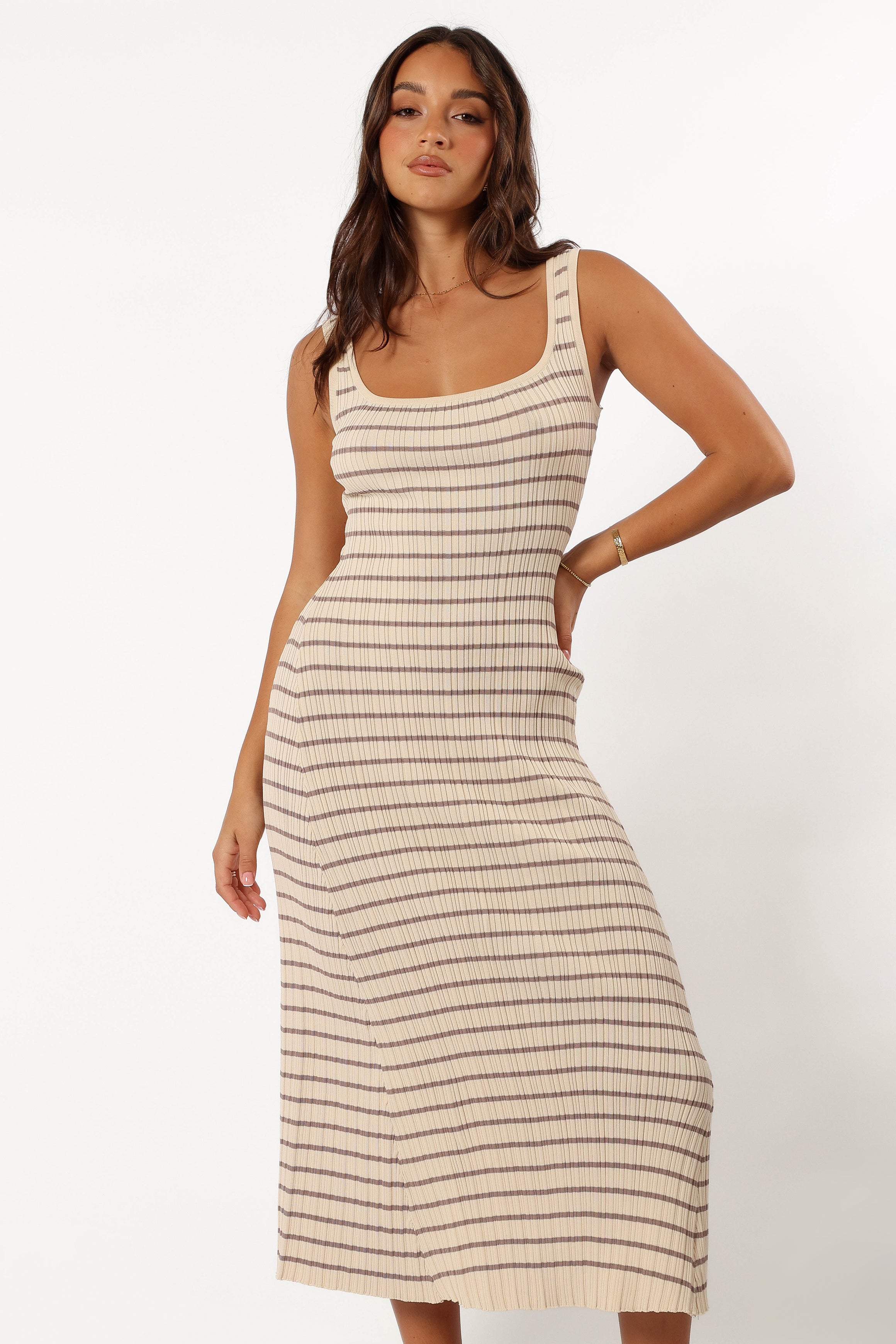 Henry Striped Dress - Cream & Mocha Color Women's Summer Casual Dress for Beach, Vacation and Everyday Wear
