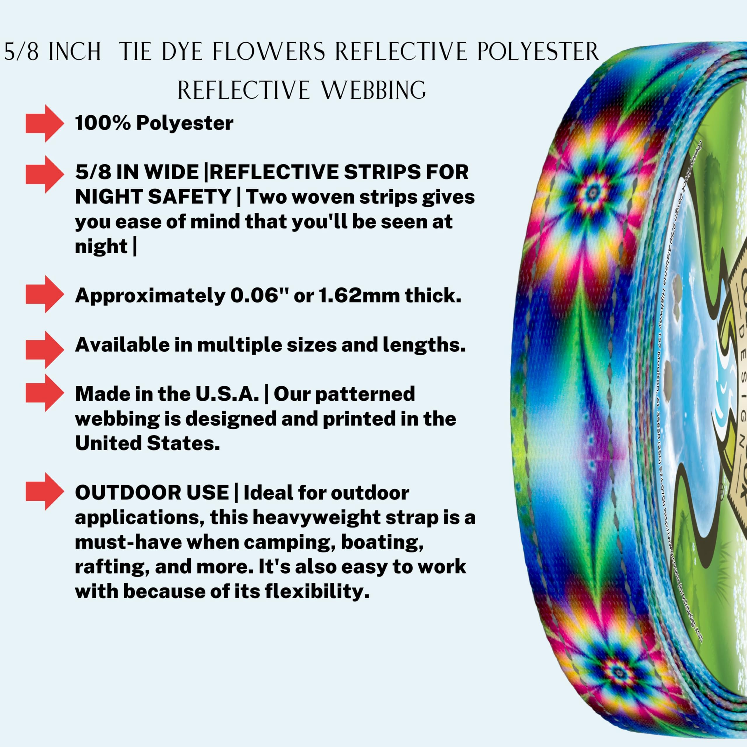 Country Brook Design - Reflective Polyester Webbing with Tie Dye Flowers for Dog Collars, Leashes & Outdoor Gear - High Visibility Safety Accessories for Night Walks & Hiking