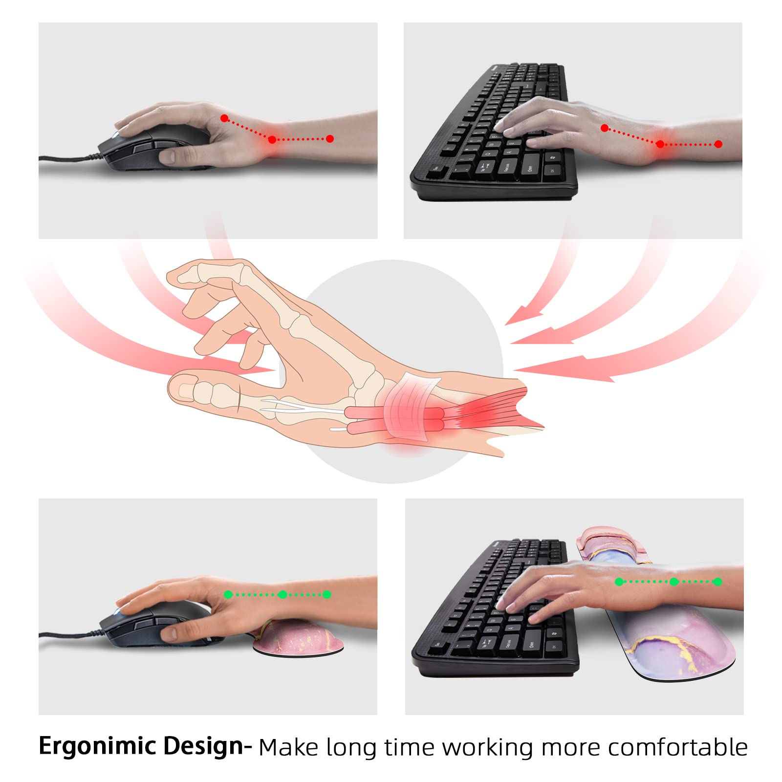 PULAIXIN 5-in-1 Ergonomic Keyboard and Mouse Pad Set with Wrist Support - Extra Large 34.5x15.7 Inch Gaming Mouse Pad & Keyboard Wrist Rest - Pink Marble Design for PC, Office, and Gaming Setup