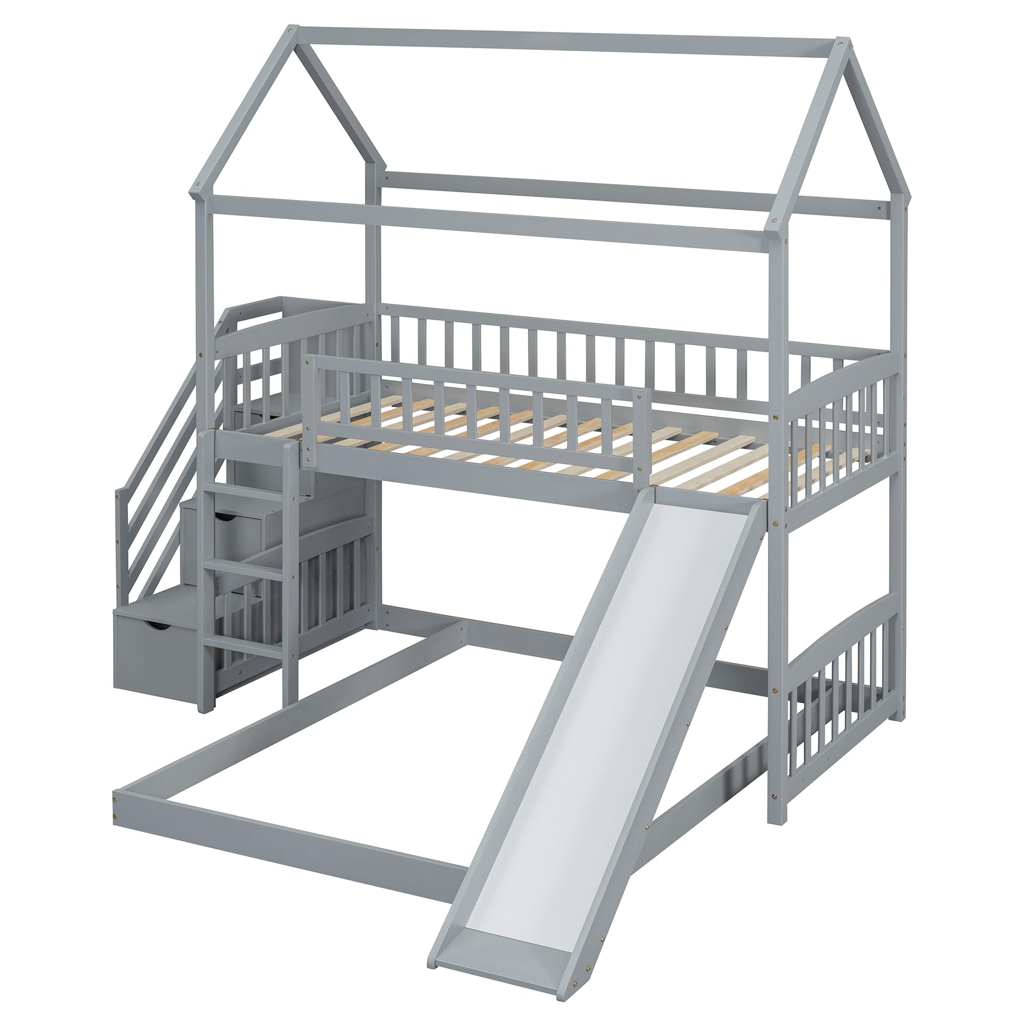 Solid Wood Twin Over Twin Bunk Bed with Slide - Kids Loft Bed with Storage Staircase, Roof & Guardrails - Easy Assembly House Bed for Boys, Girls & Teens (Gray) - Perfect for Small Bedrooms, Playrooms & Sleepovers