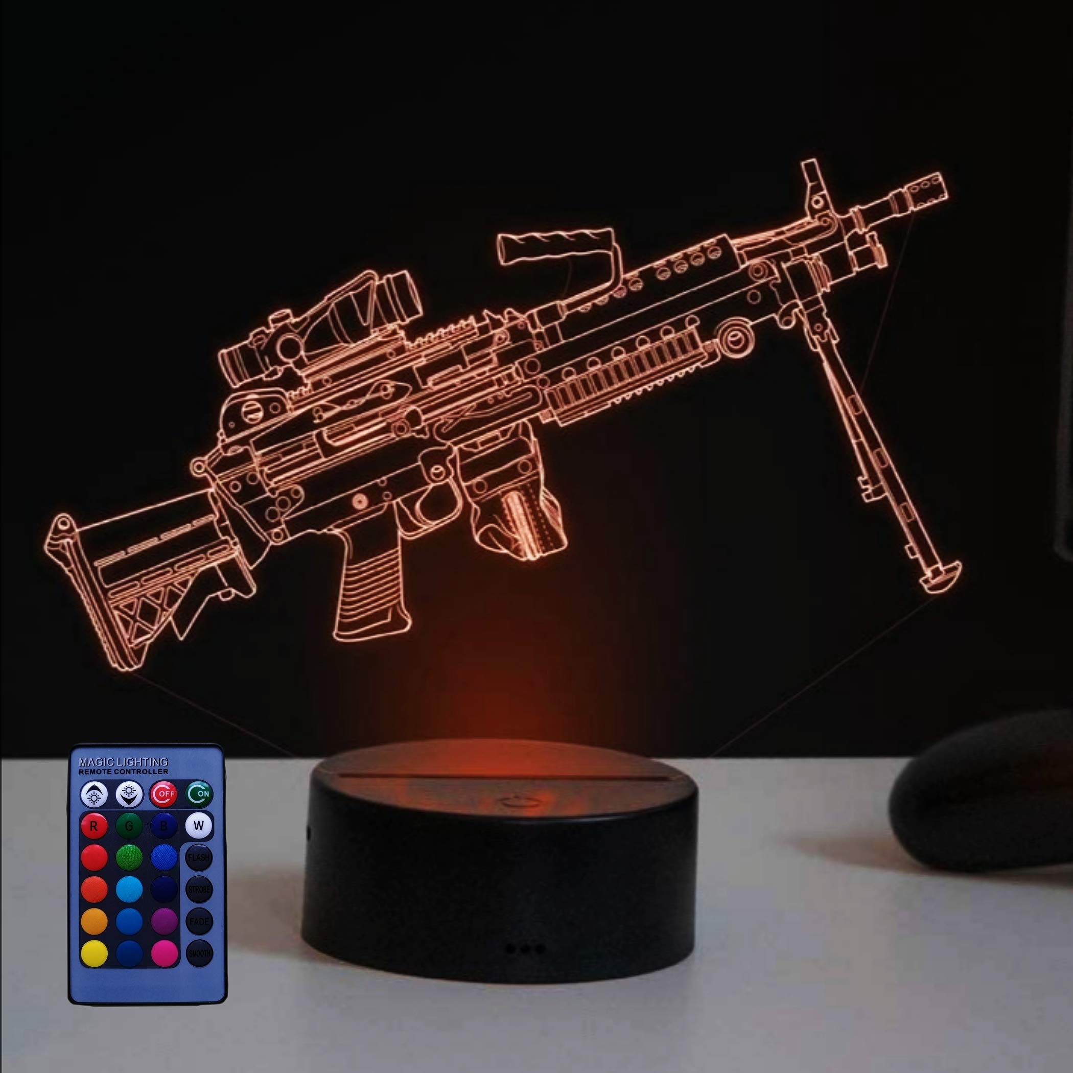 3D Machine Gun Night Light with Remote Control - USB Powered LED Desk Lamp, 7/16 Color Changing Optical Illusion Decor for Bedroom, Gaming Room & Man Cave - Perfect Gift for Birthday & Home Decoration