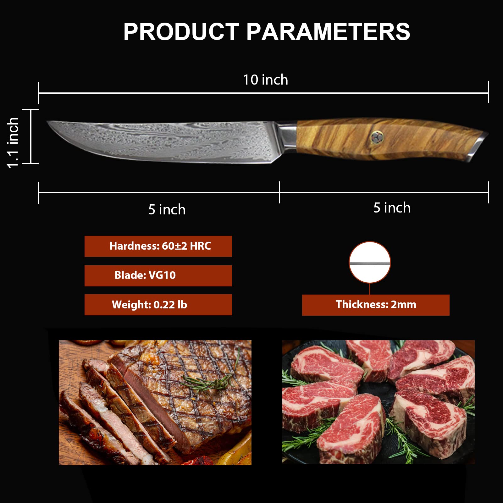 Premium 6-Piece Steak Knife Set - 5 Inch Damascus Steel Blades, Ultra-Sharp VG10 Japanese Steel, Rust-Resistant & Durable - Olive Wood Handle Non-Serrated Steak Knives in Gift Box - Perfect for Fine Dining, BBQ Parties & Gourmet Cooking