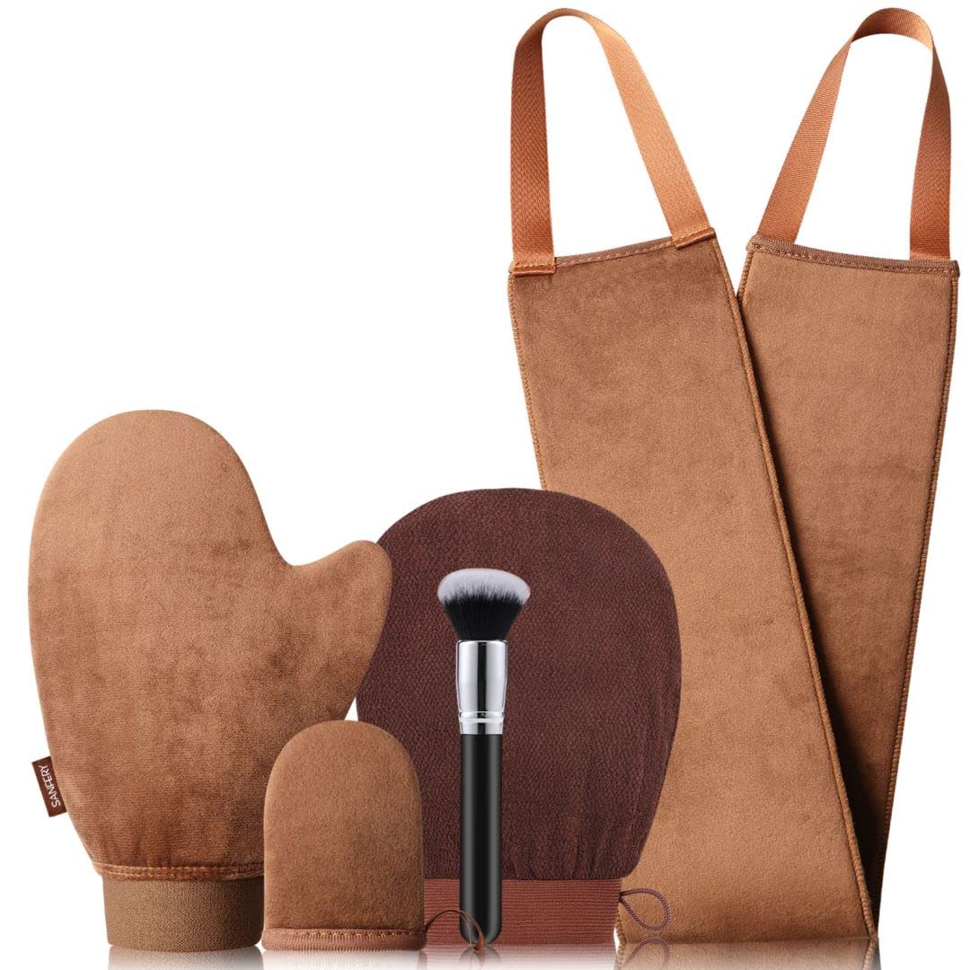 Sanfery 5-Pack Self Tanning Mitt Applicator Kit - Includes Tanning Gloves, Back Applicator, Mini Mitt & Exfoliating Brush for Flawless Fake Tan Application | Perfect for Body, Face & Hard-to-Reach Areas | At-Home Sunless Tanning Essentials