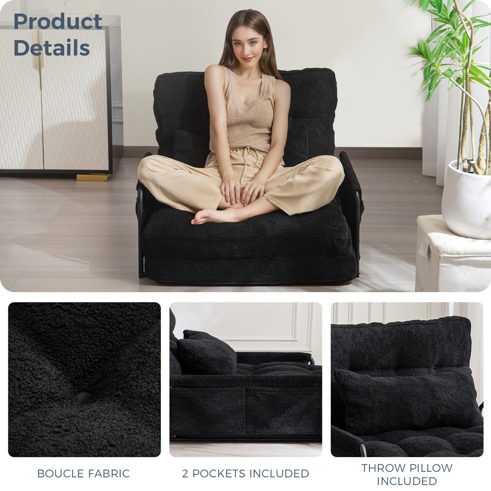 MAXYOYO Adjustable Floor Sofa Couch with Pillow - Boucle Convertible Lazy Sofa Sleeper Bed with Armrest - Single Size in Black - Perfect for Small Spaces, Living Rooms & Guest Beds