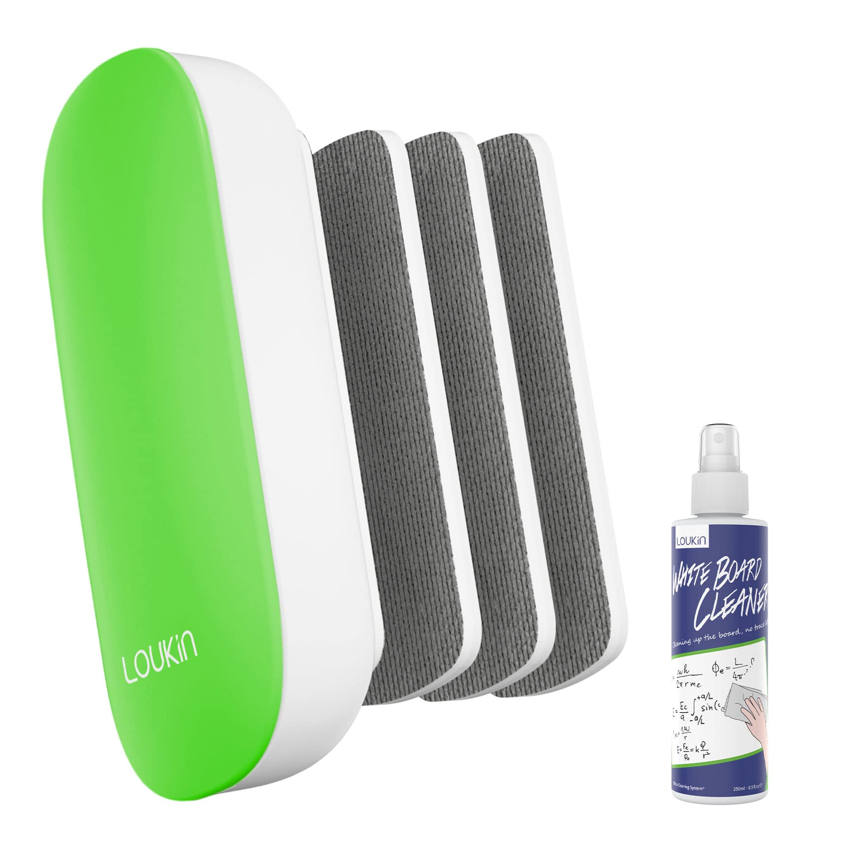 Magnetic Whiteboard Eraser with 3 Replaceable Felt Pads - 4-in-1 Glass Dry Erase Board Cleaner Kit Includes 3.4 fl oz Whiteboard Cleaner (Green) - Perfect for Classrooms, Offices & Home Use
