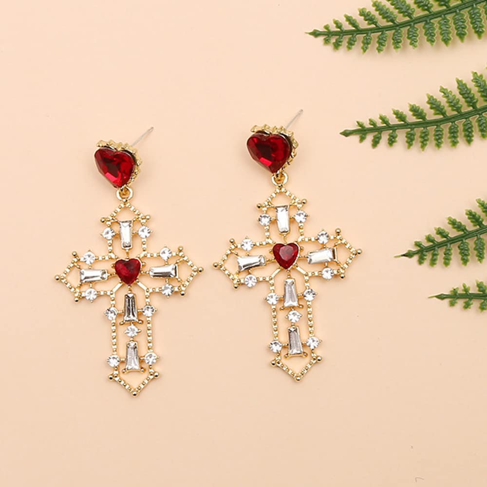 Stylish Gold Cross Red Heart Earrings with Sparkling Crystals - Baroque Hollow Drop Dangle Earrings for Women & Teens - Perfect for Parties, Night Out, and Gift Giving