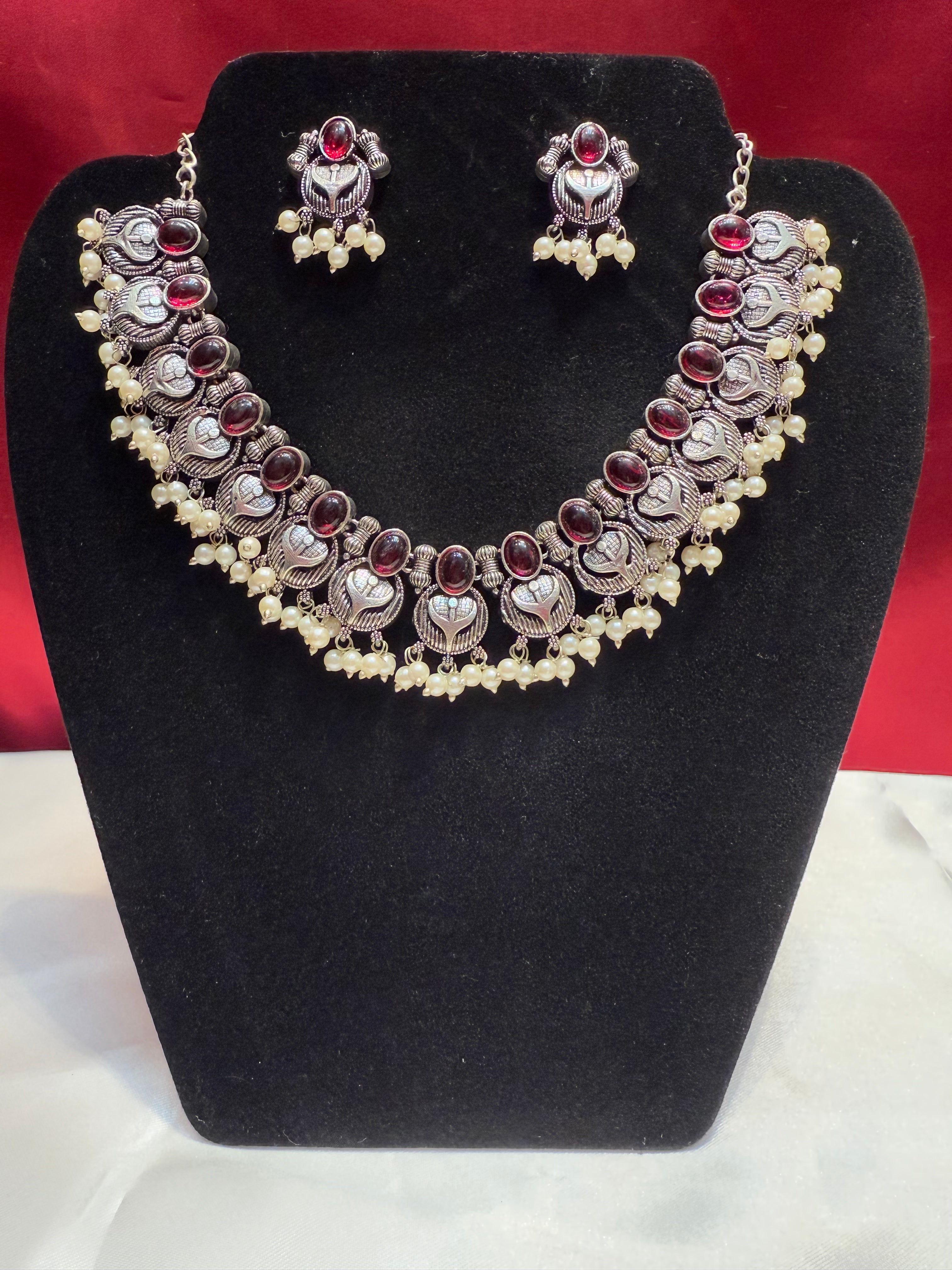 Elegant Oxidized Maroon Stone Beaded Necklace & Earrings Set | Handmade Bohemian Jewelry for Women | Perfect for Weddings, Parties & Everyday Wear