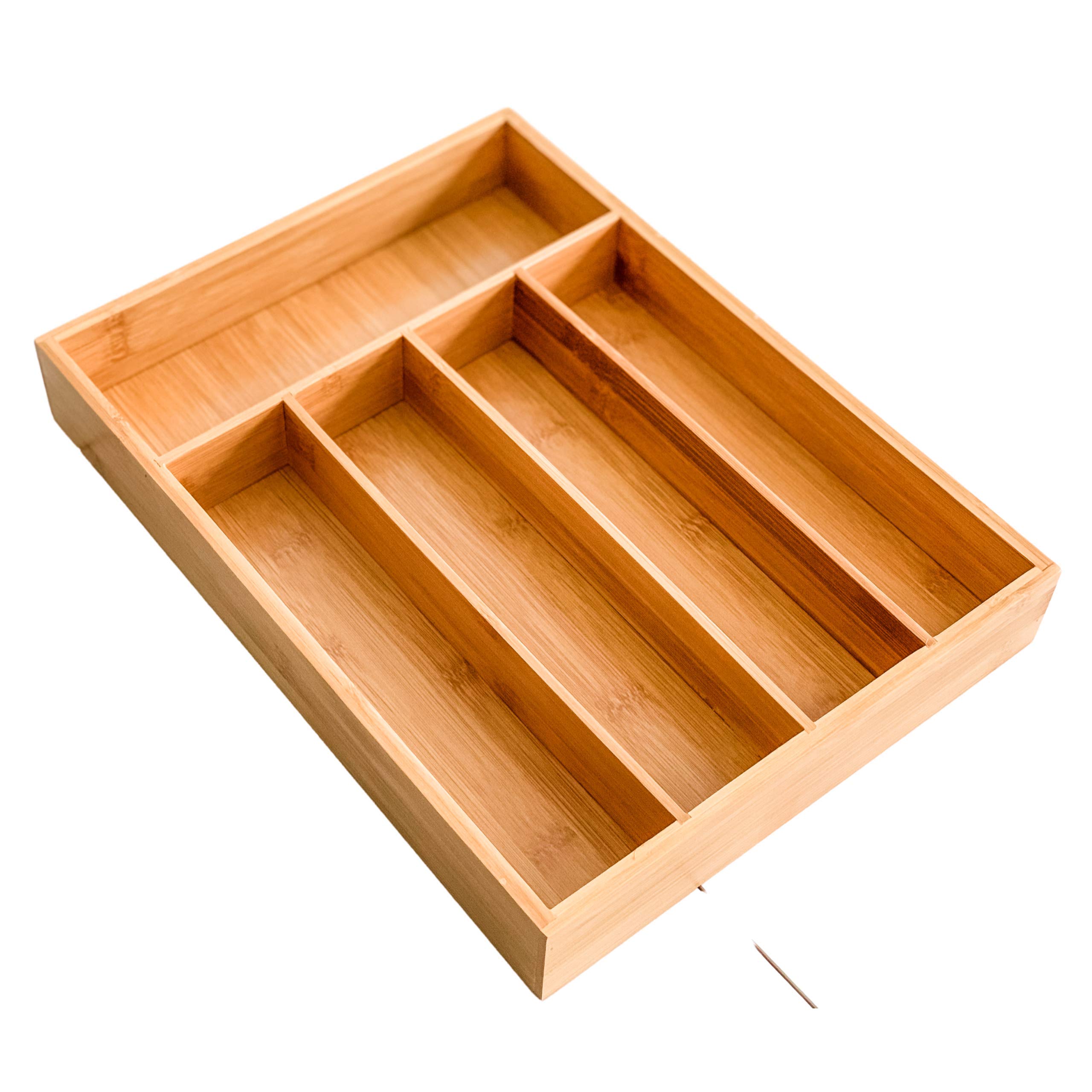 Premium Bamboo Drawer Organizer - 100% Organic 5-Compartment Cutlery & Utensil Tray for Kitchen, Bathroom, Office Desk - Perfect for Organizing Knives, Spoons, Makeup Brushes & Office Supplies