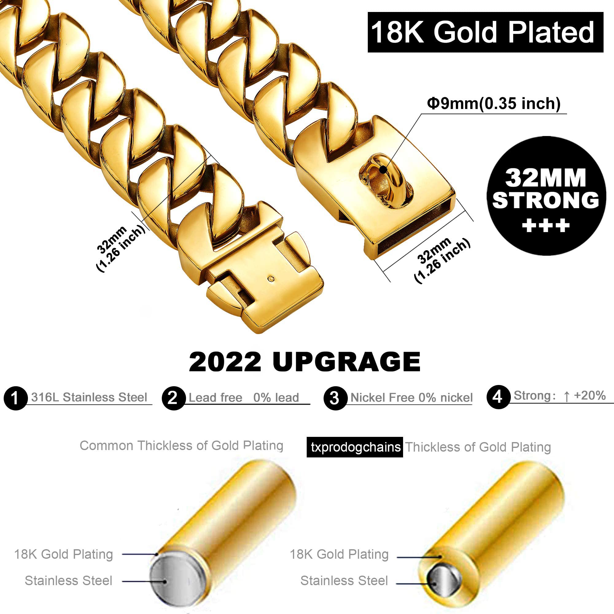 32MM Thick Heavy Duty Cuban Link Dog Collar - Solid Stainless Steel Gold Chain Collar with Buckle for Large Breeds | Durable Metal Dog Collar for Training, Walking & Protection