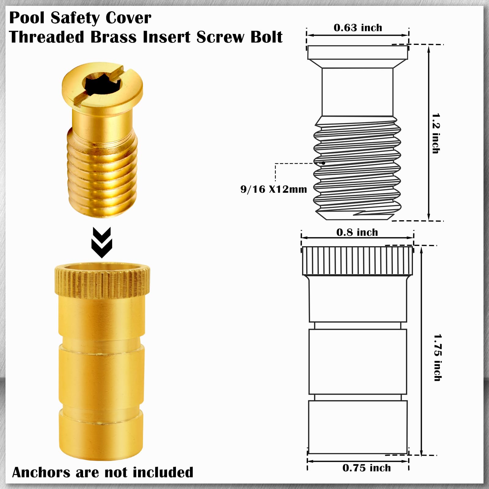 10-Piece Heavy Duty Brass Pool Cover Anchors Screws - Concrete Replacement Kit for Secure Inground Pool Safety Cover | Durable for All Seasons & Weather Conditions
