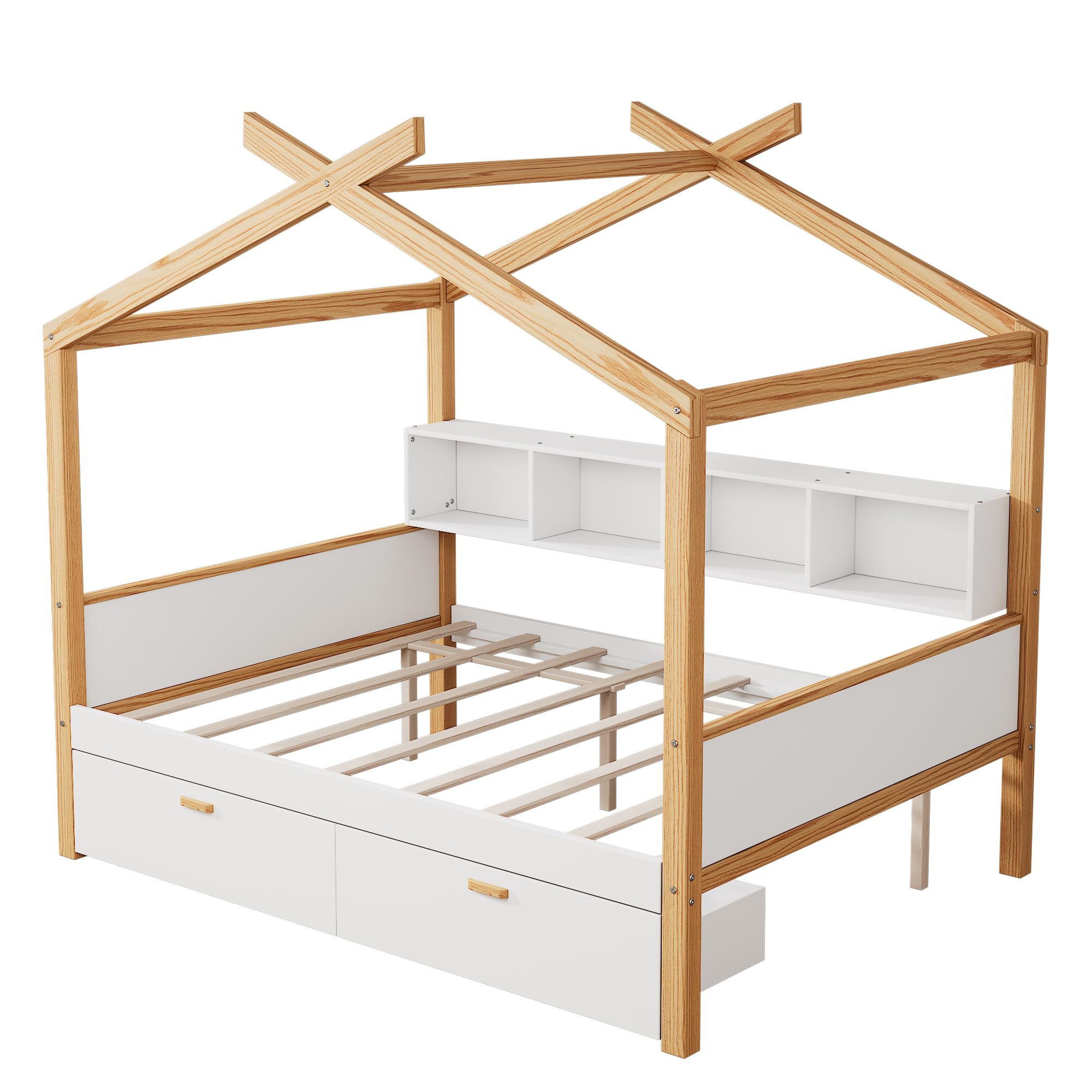 Full Size Kids House Bed with Storage Drawers & Bookshelves - Wooden Bed Frame for Boys & Girls - Natural Finish - Perfect for Bedroom Decor & Playroom Furniture