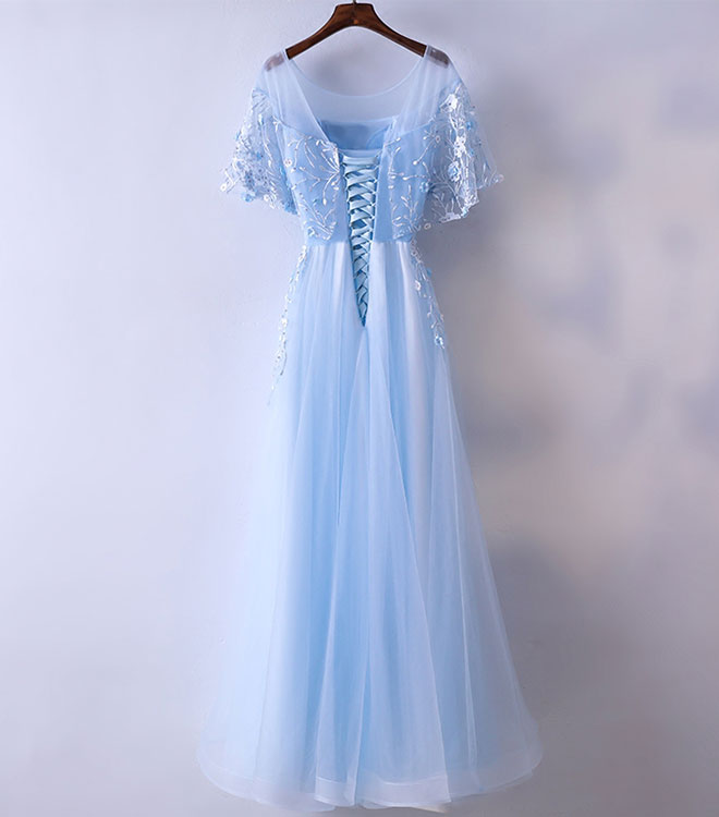 Elegant Light Blue Tulle Lace Long Prom Dress | Blue Lace Graduation Gown for Women | Perfect for Formal Dances, Graduation Ceremonies & Special Occasions