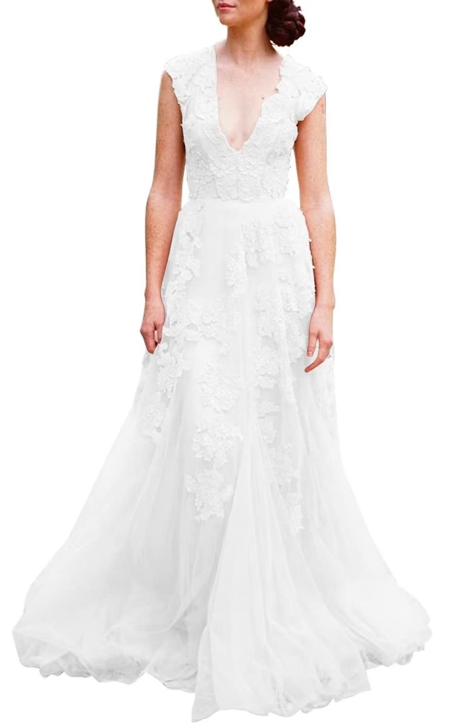 Vintage Lace Wedding Dress for Women - Cap Sleeves Boho Bridal Gown Beach Wedding Dress | Perfect for Outdoor, Beach, Garden & Boho Chic Weddings