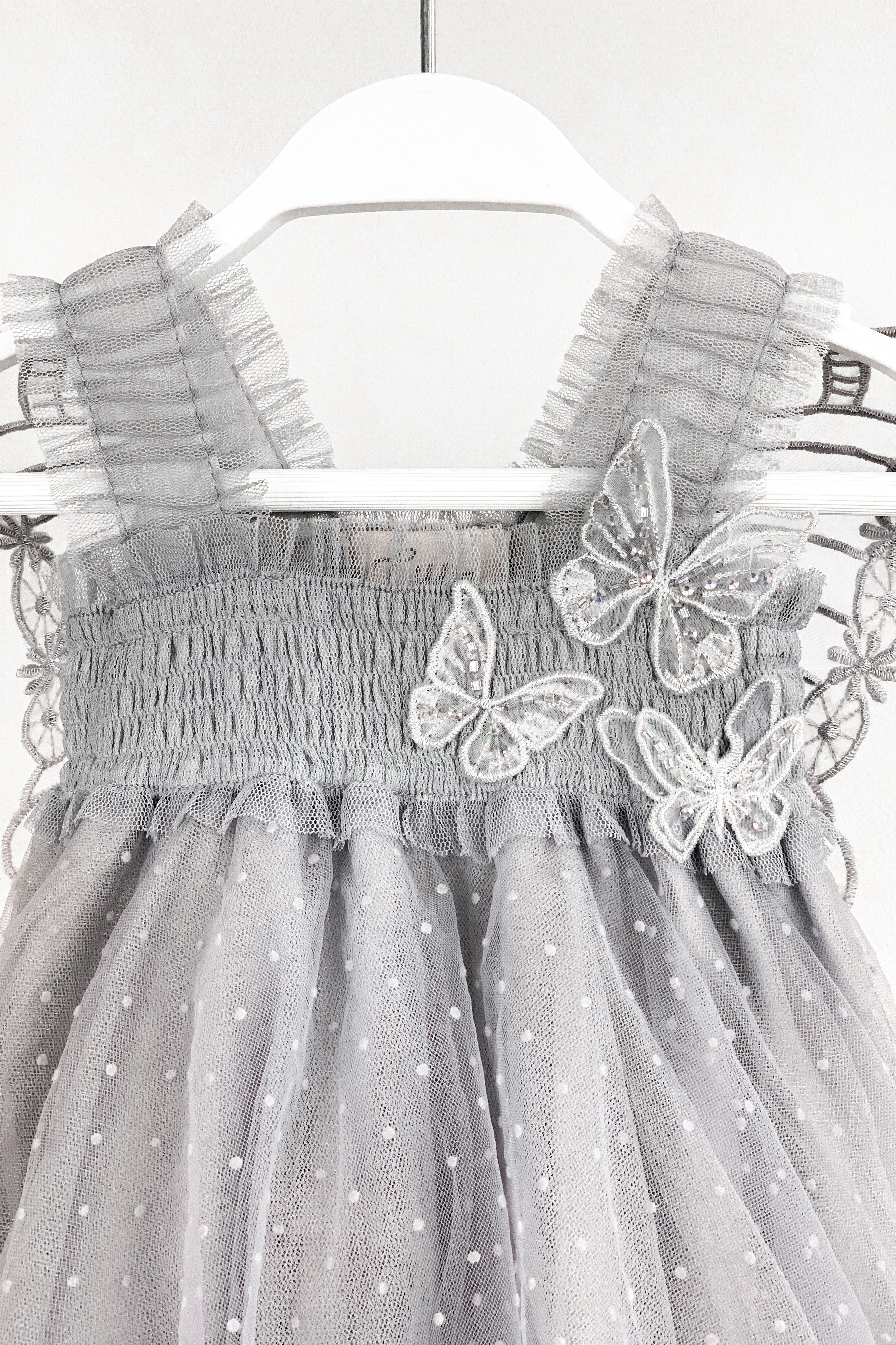 Stormi Grey Plumeti Dot Fairy Wing Dress for Girls – Elegant Party, Photo Shoot & Special Occasion Outfit
