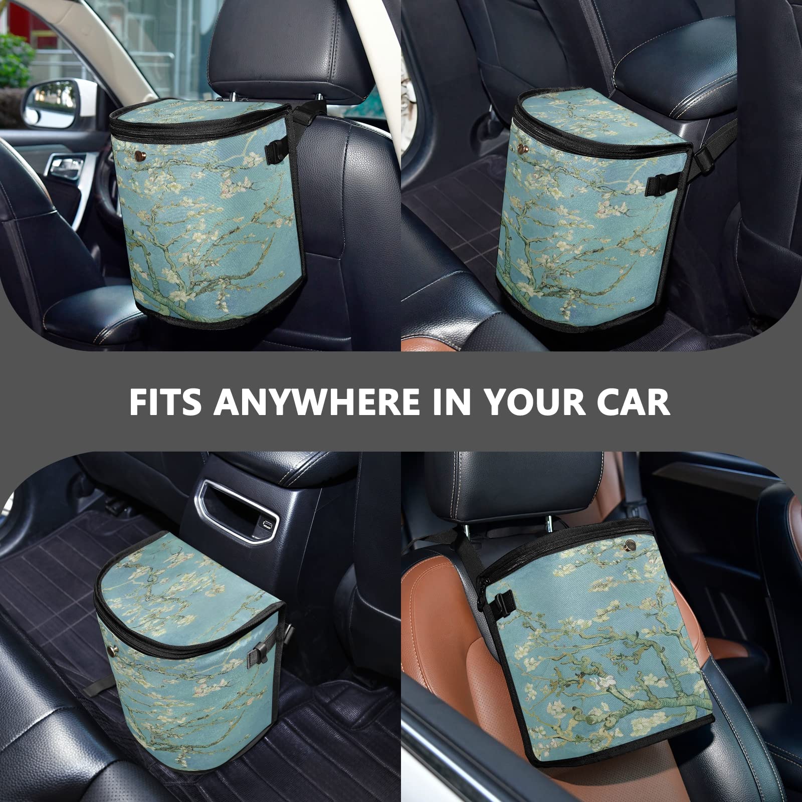 Senya Car Trash Can - Leak-Proof Van Gogh Almond Blossom Design Hanging Car Garbage Bin, Auto Waste Basket for Sedan SUV Van Interior Organizer | Perfect for Road Trips, Commuting & Keeping Your Vehicle Clean