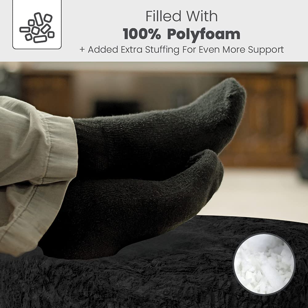 CordaRoy's Faux Fur Bean Bag Pouf Footstool - Soft Black Ottoman for Living Room, Bedroom & Dorm - Versatile Seating & Footrest for Relaxing, Gaming & Lounging