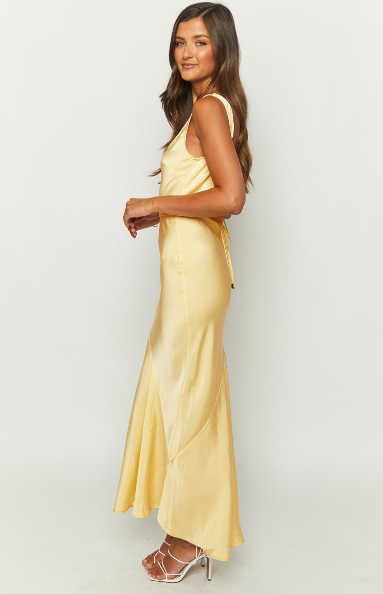 Elegant Yellow Satin Maxi Dress for Women - Flowy Long Formal Evening Gown - Perfect for Weddings, Parties & Special Occasions