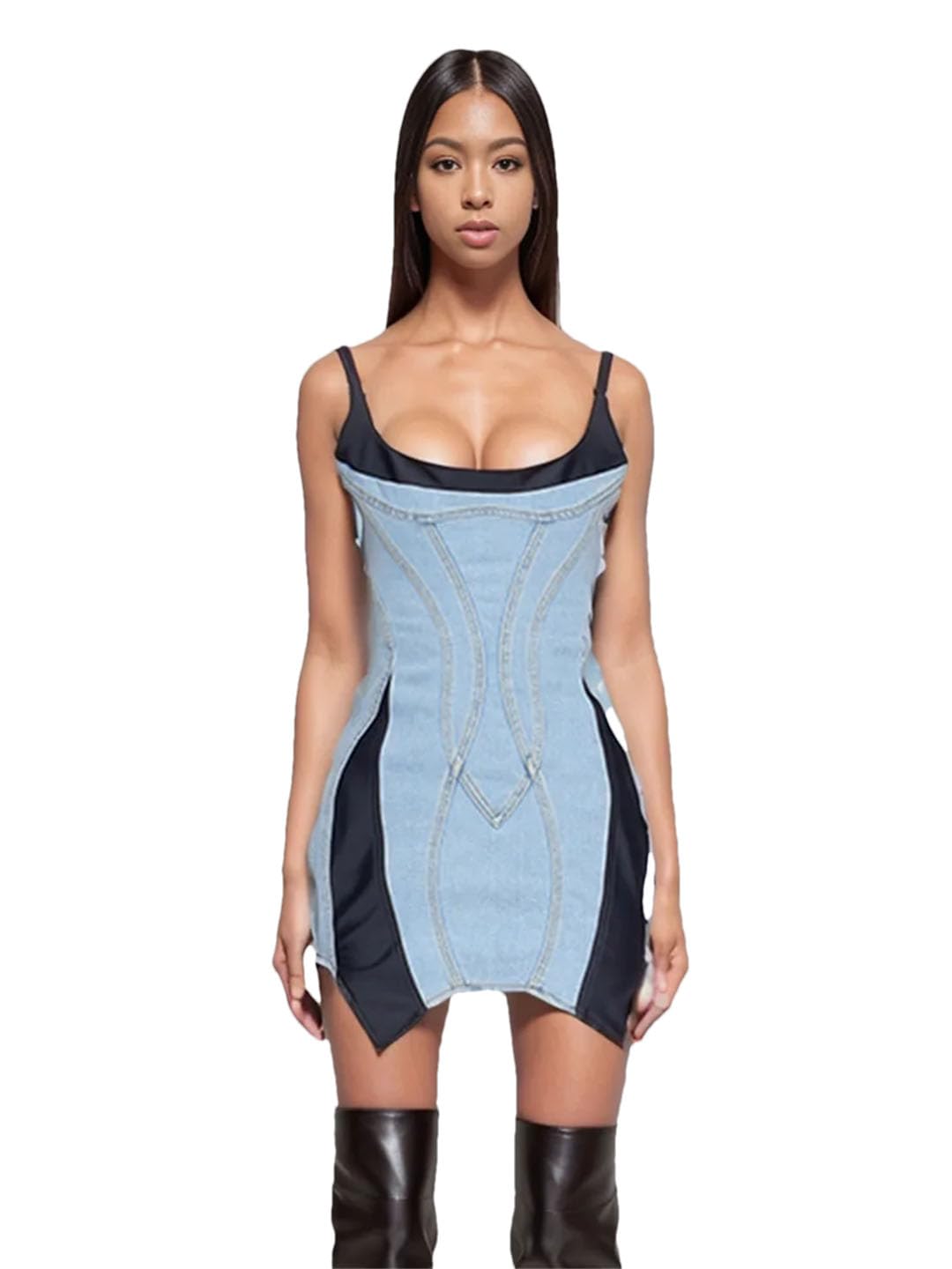 Women's Patchwork Elastic Denim Spaghetti Strap Sleeveless Wrap Dress - Casual Summer Boho Chic Hip Dress for Beach, Vacation & Date Night