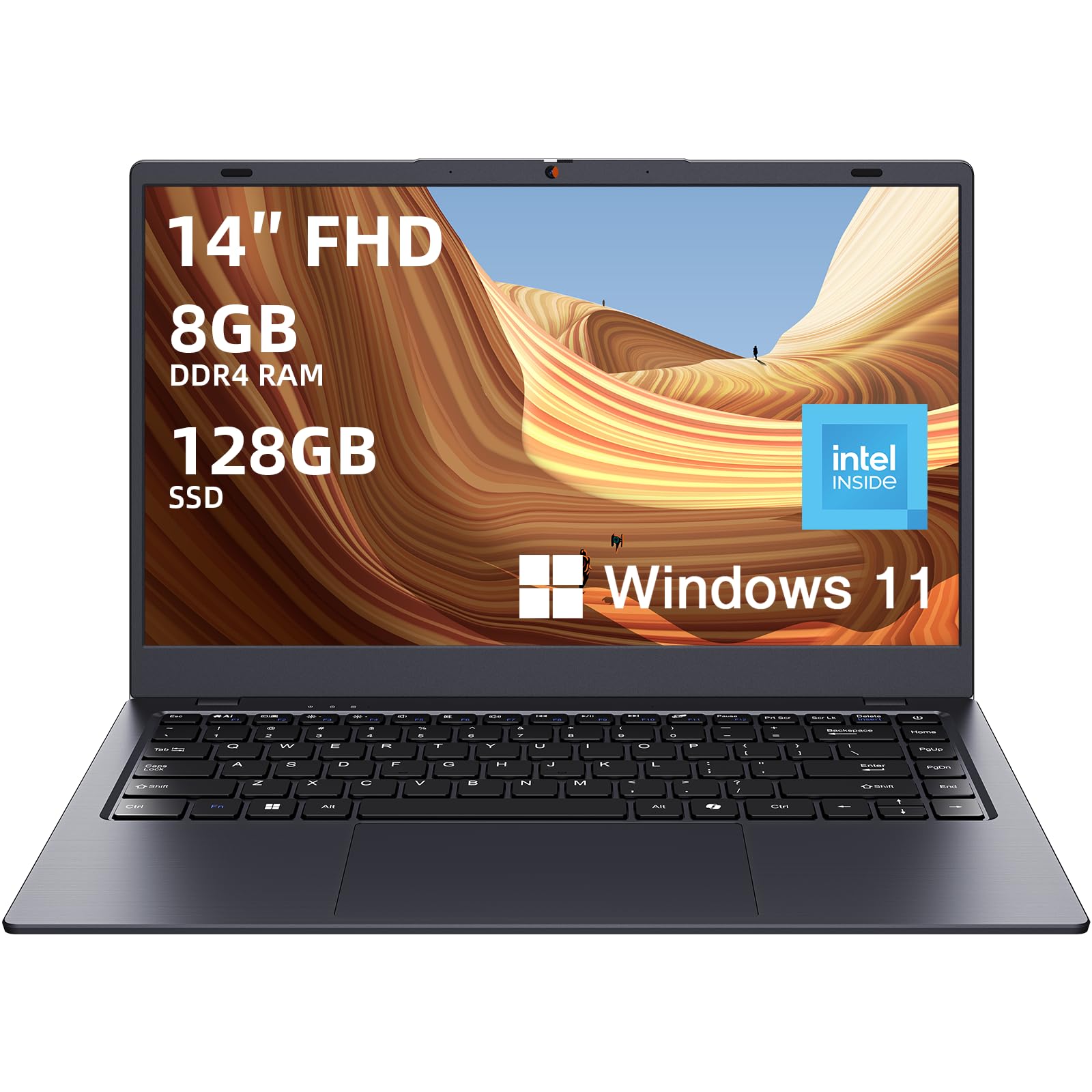 14 Inch Windows 11 Laptop - 8GB DDR4 RAM & 128GB SSD, Intel Quad-Core Processor (Up to 2.9GHz) | Ultra-Thin Portable Notebook with WiFi, Bluetooth 4.2 | Includes MS Office 2024 | Perfect for Work, Study & Travel