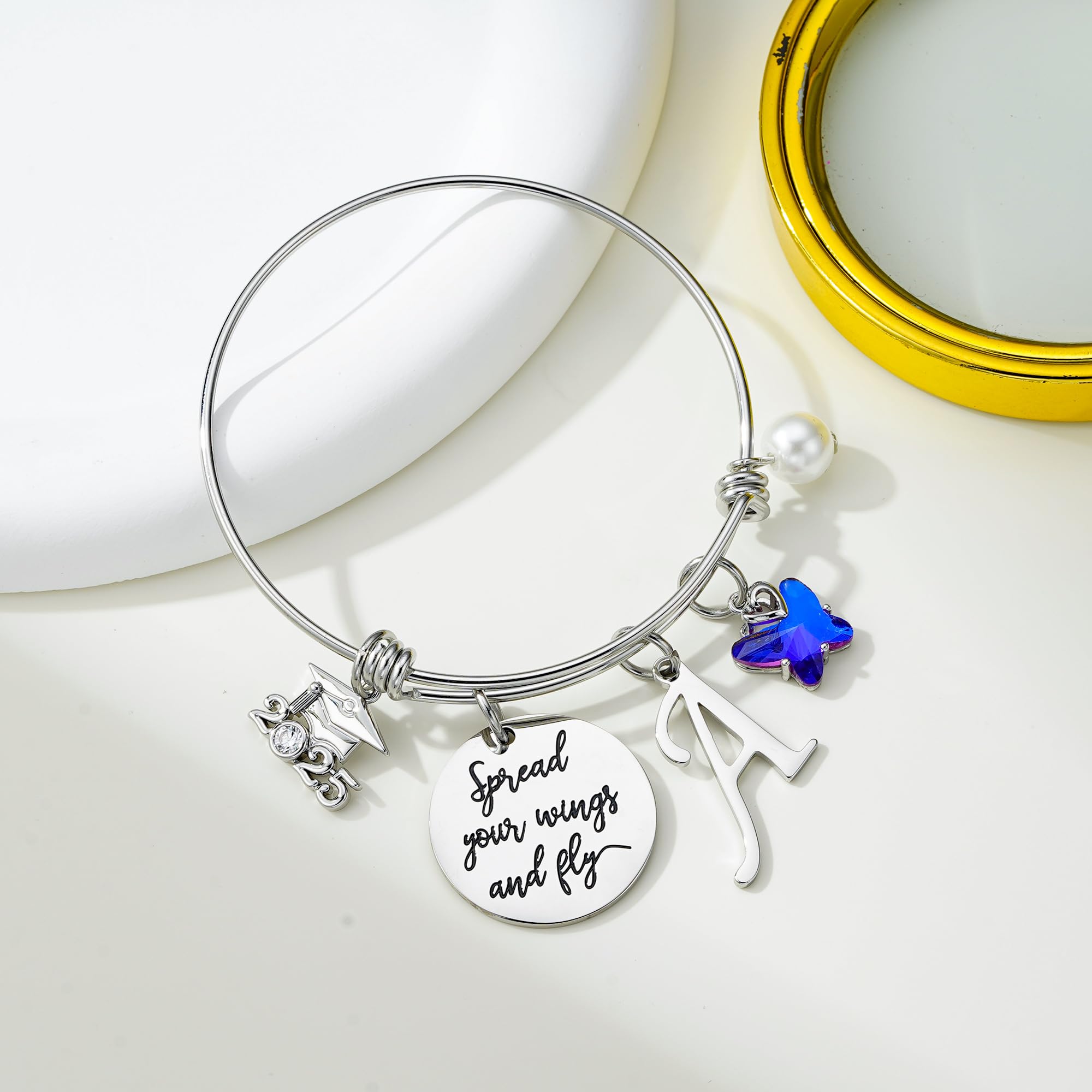 2025 Graduation Gifts for Women - Personalized Butterfly Initial Bracelet with Inspirational 'Spread Your Wings & Fly' Quote, Elegant Bangle Jewelry for Graduates | Perfect Graduation Party, College Gift & Motivational Present for Her