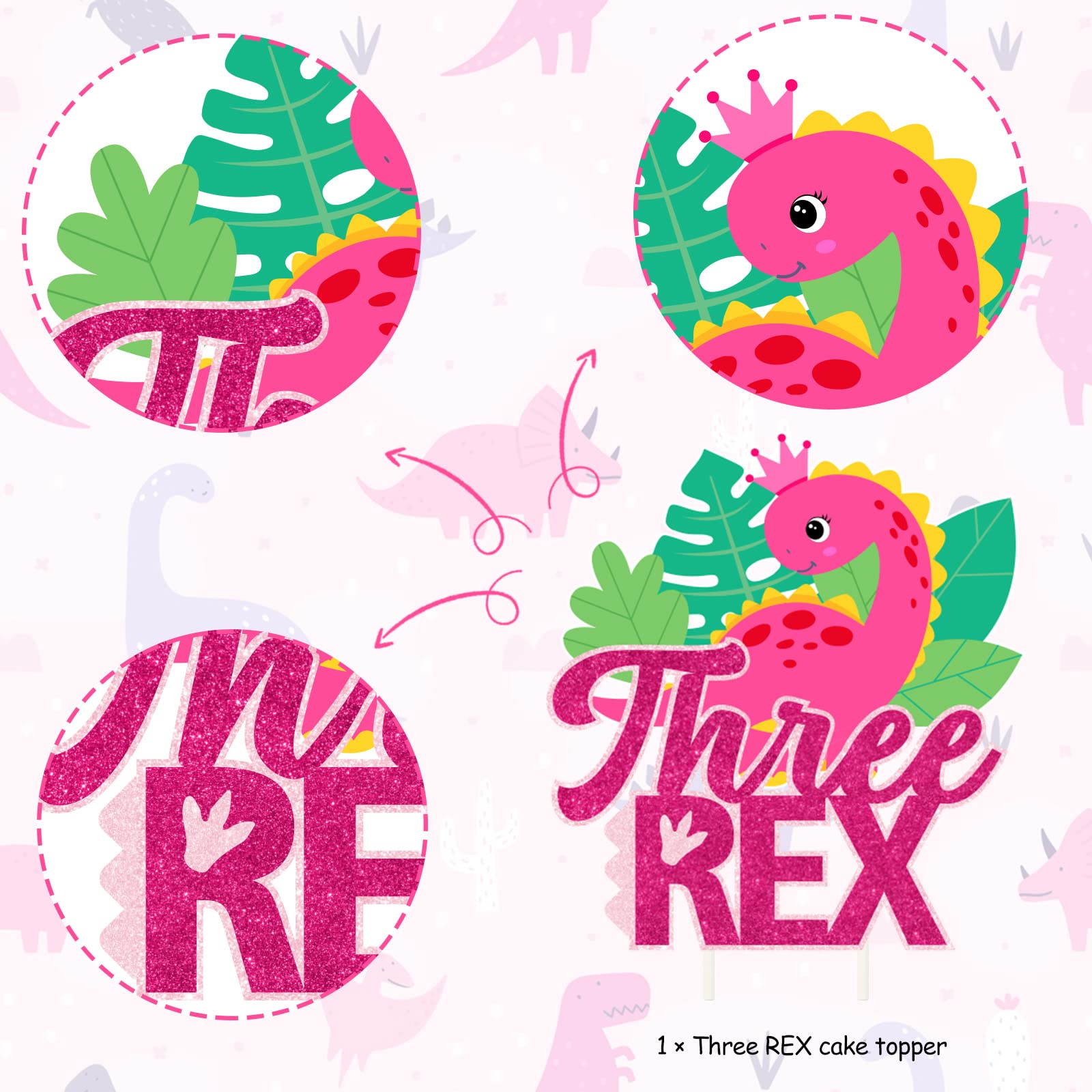 Dinosaur Cake Topper Pink - 3D Rex Dinosaur Birthday Cake Decor for 3 Year Old Party, Baby Shower, Dino Theme Celebration